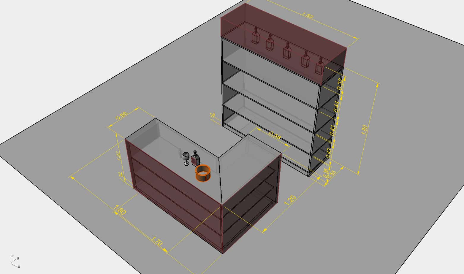 Diseño 3D de mostrador y estantería con medidas detalladas para Ron Barceló.