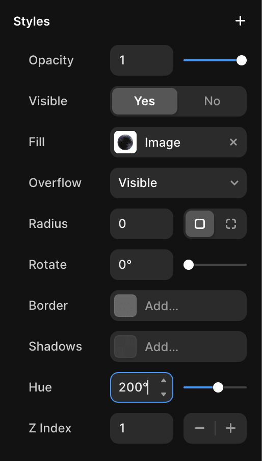 Framer UI showing Properties Panel with Hue property