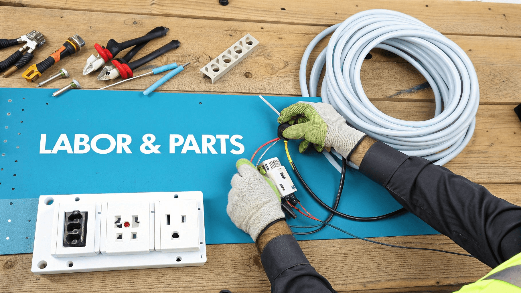 a set of hands working on a wooden workbench with a blue panel and the text 'labor & parts'