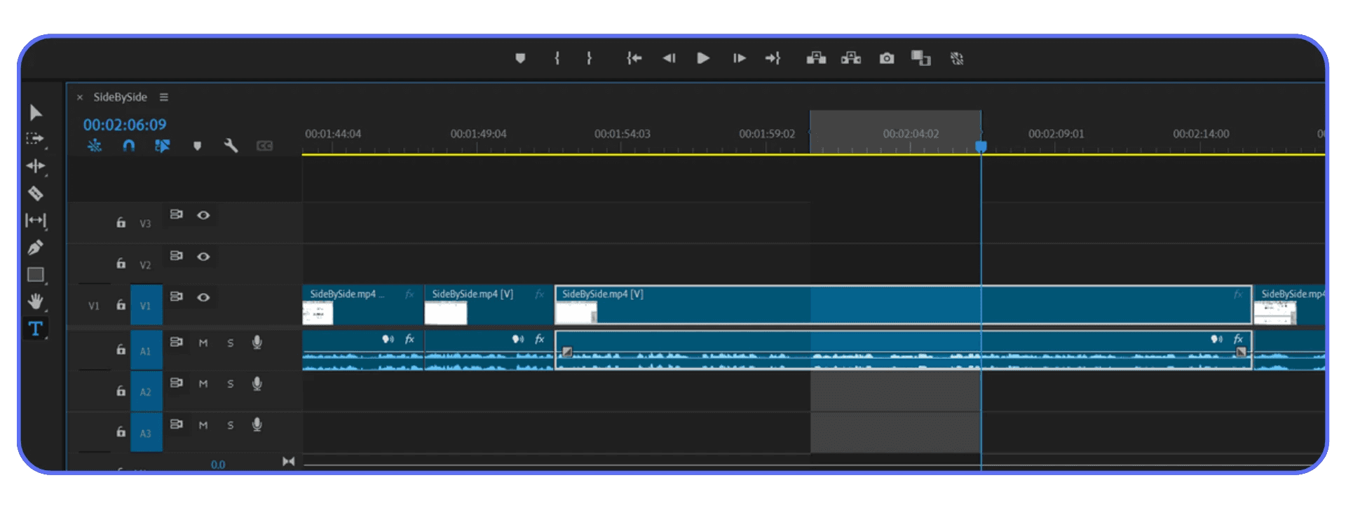 Premiere Pro timeline with multiple clips and audio tracks edited using keyboard shortcuts