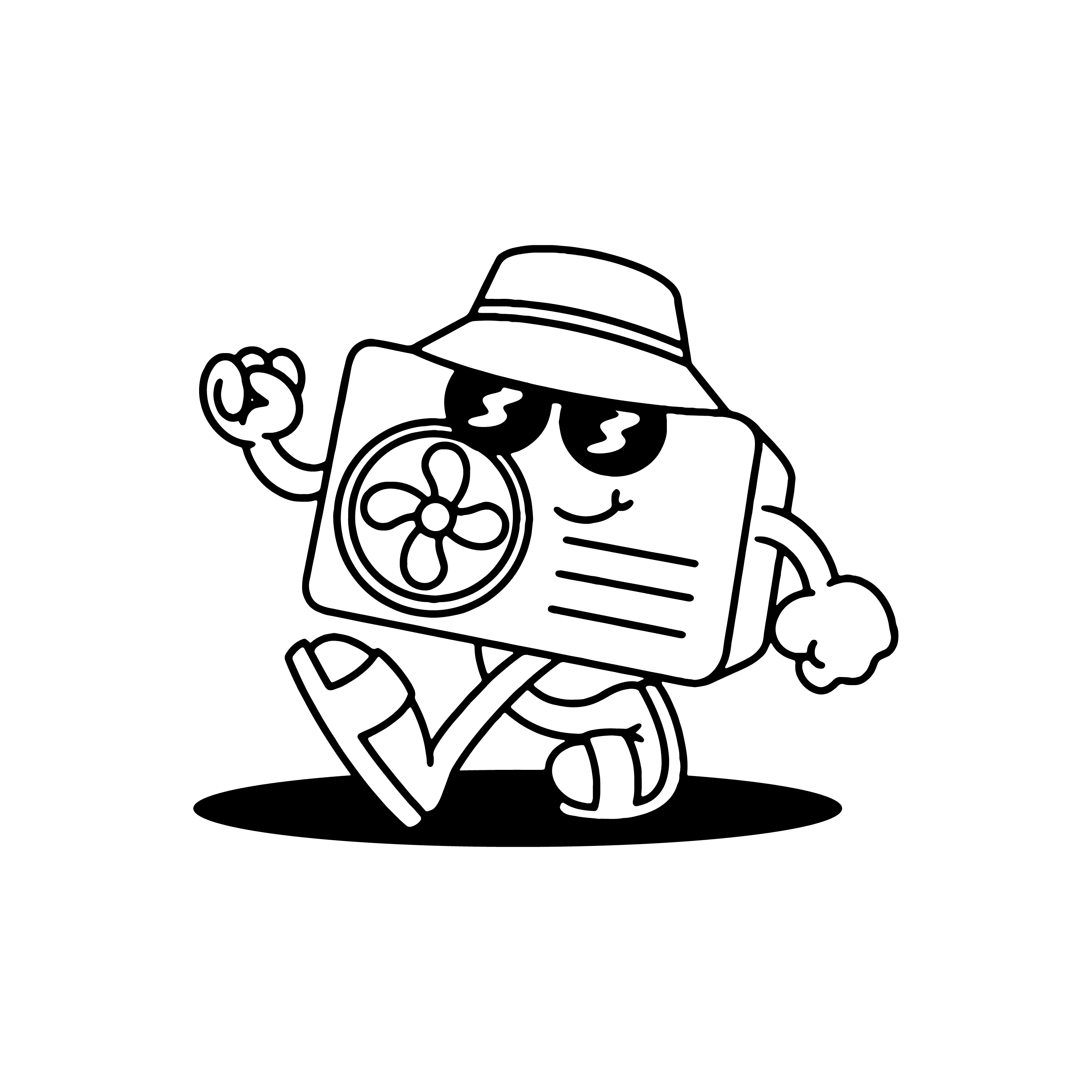 A cute line illustration of an air conditioner with sunglasses and sunhat