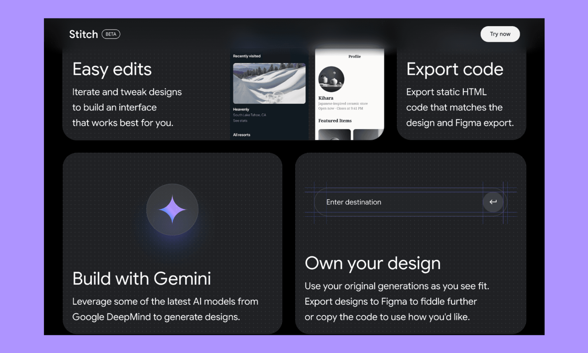 Key features of Stitch 2.0 includie multi-screen UI, prototyping, Figma integratoin, code export, and more. 