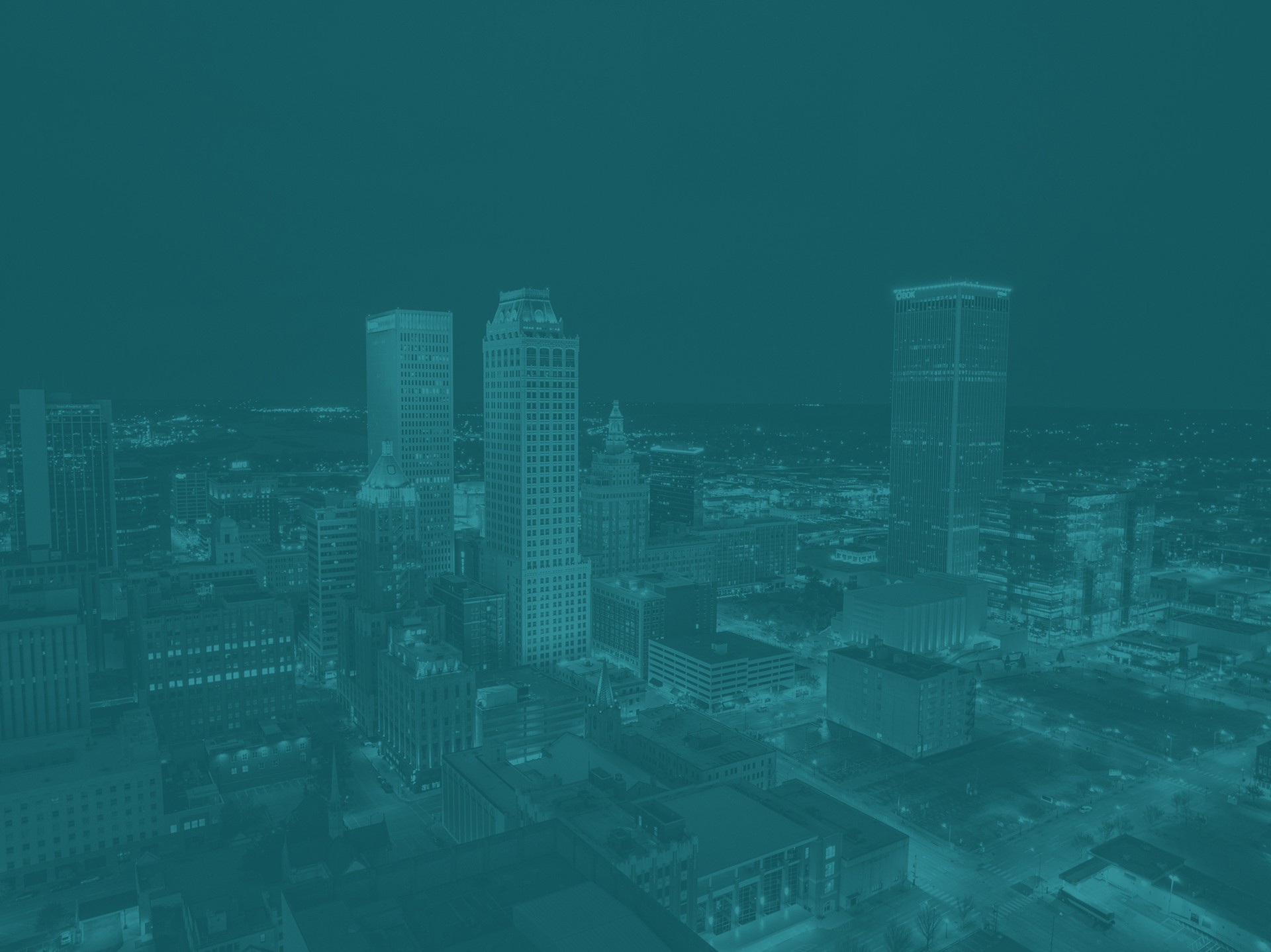Tulsa City skyline with skyscrapers and buildings.