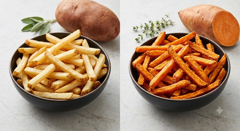 A side-by-side comparison image of two dark bowls of fries: light golden potato fries (left) and deep orange sweet potato fries (right), with corresponding whole raw potatoes and fresh herbs (sage and thyme) in the background on a grey stone surface.