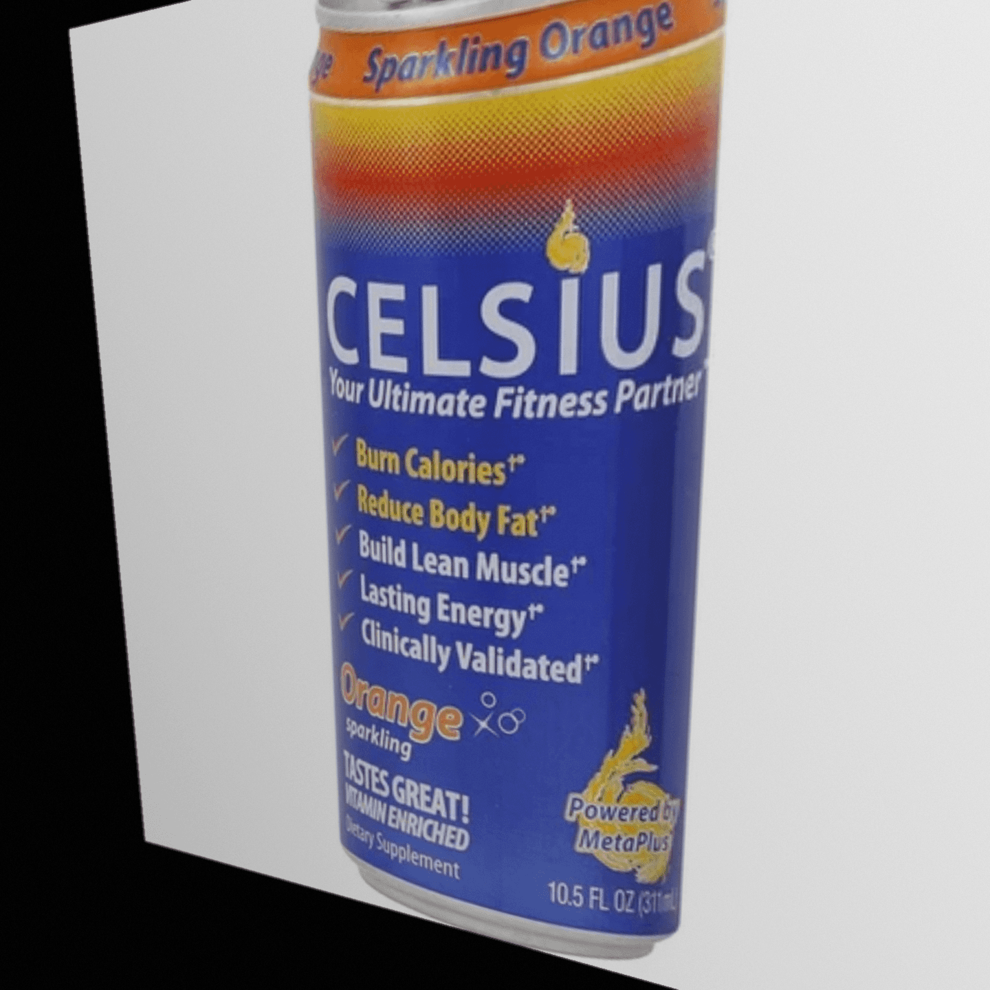 A can of Celsius energy drink featuring bold blue and orange branding, with nutritional information visible.