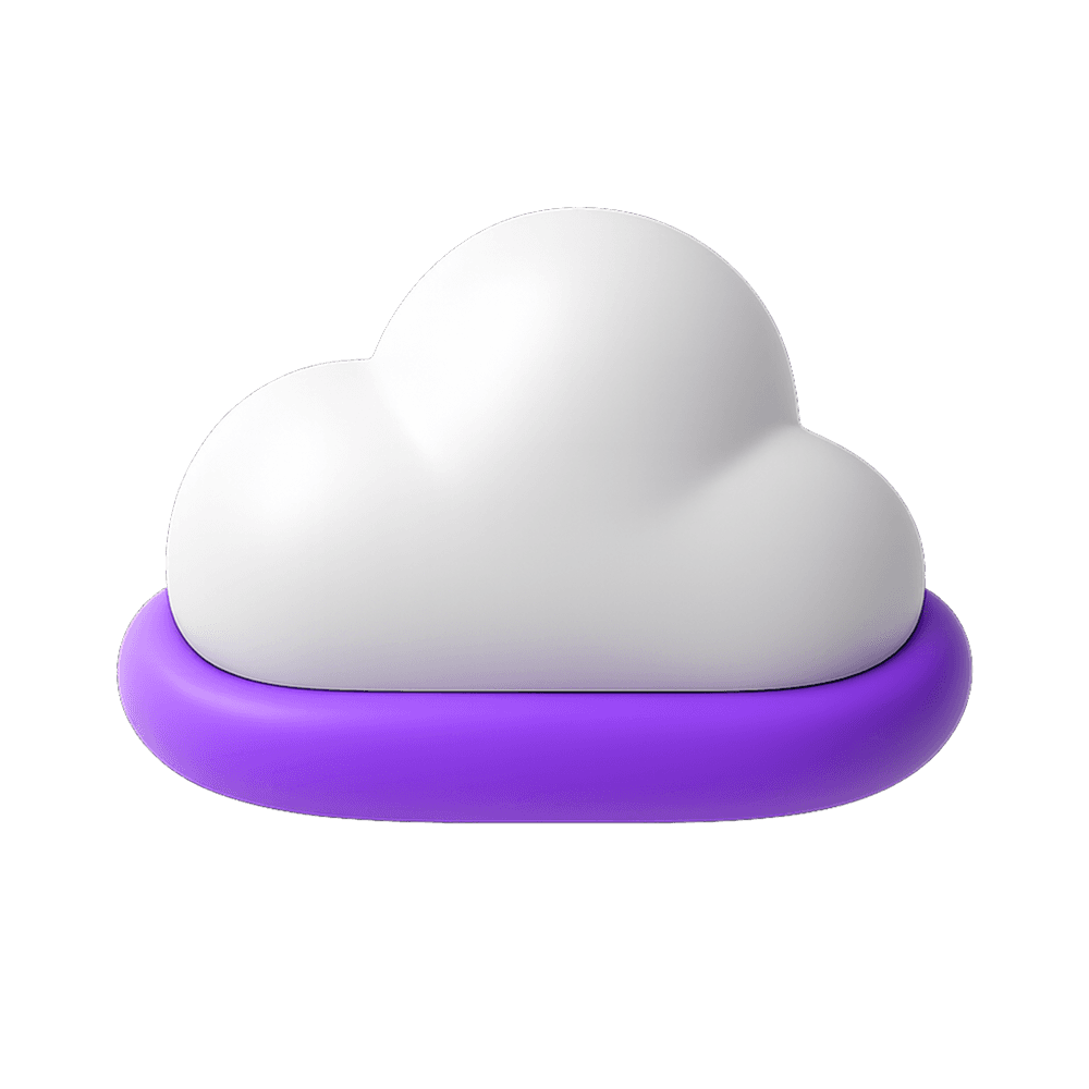 3D rendering of a white cloud sitting on a purple cloud-shaped base. Modern, minimalist, and cartoonish illustration.