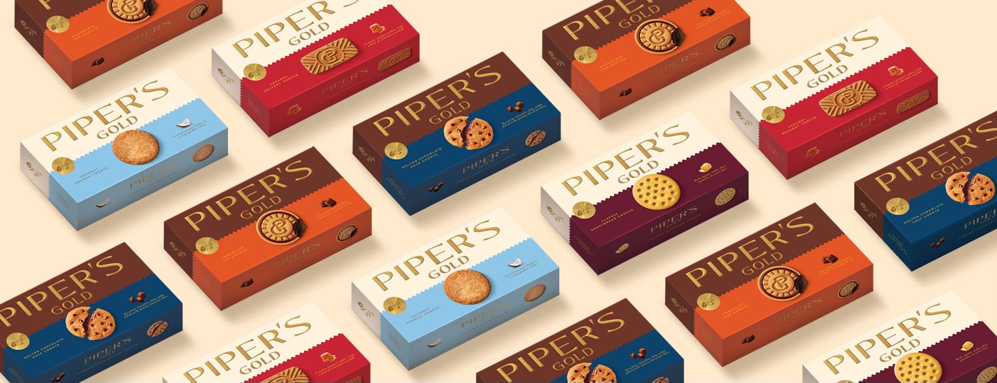 a diagonal 3d top-view of piper biscuit packaking of various color combinations ranging from orange, white, light blue, red and brown