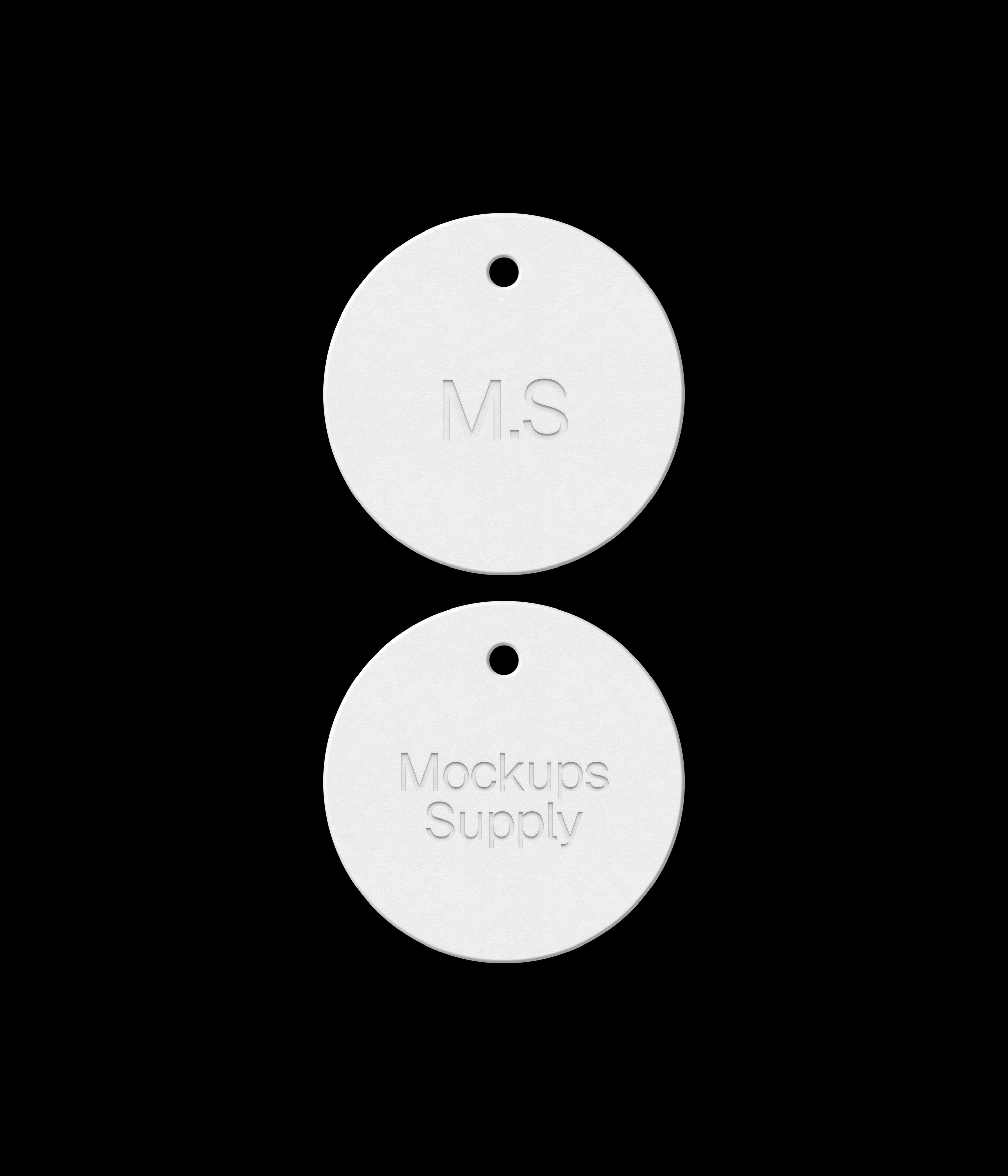Two round white hang tags mockup on black background with debossed text effect for Photoshop download psd