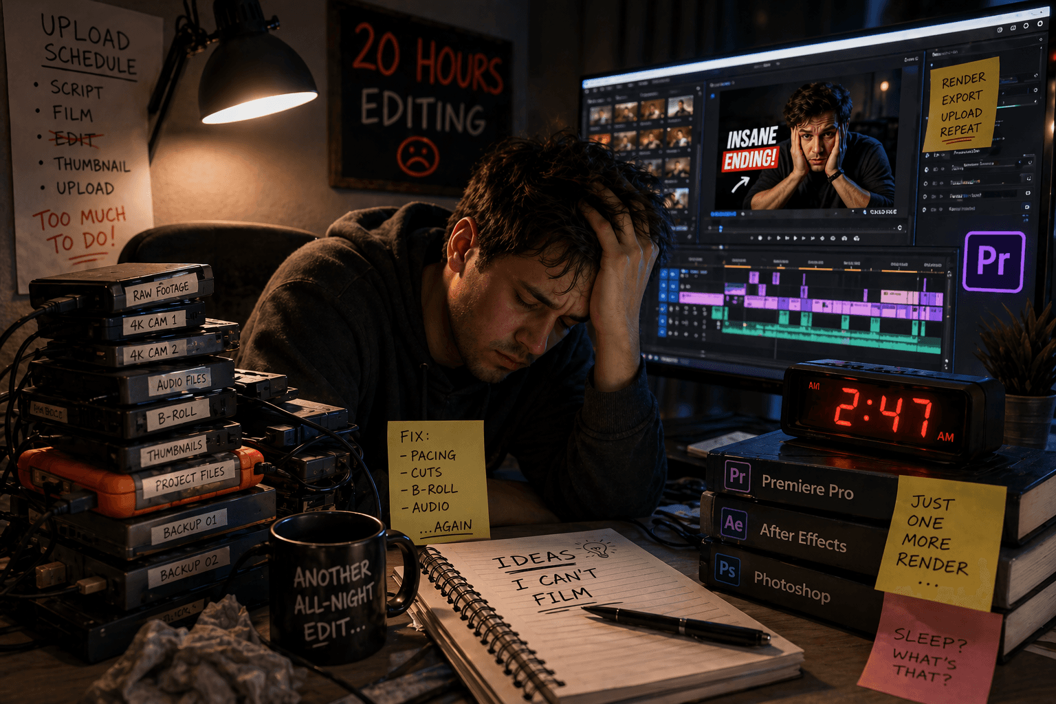 Exhausted YouTube creator struggling with editing videos late at night.