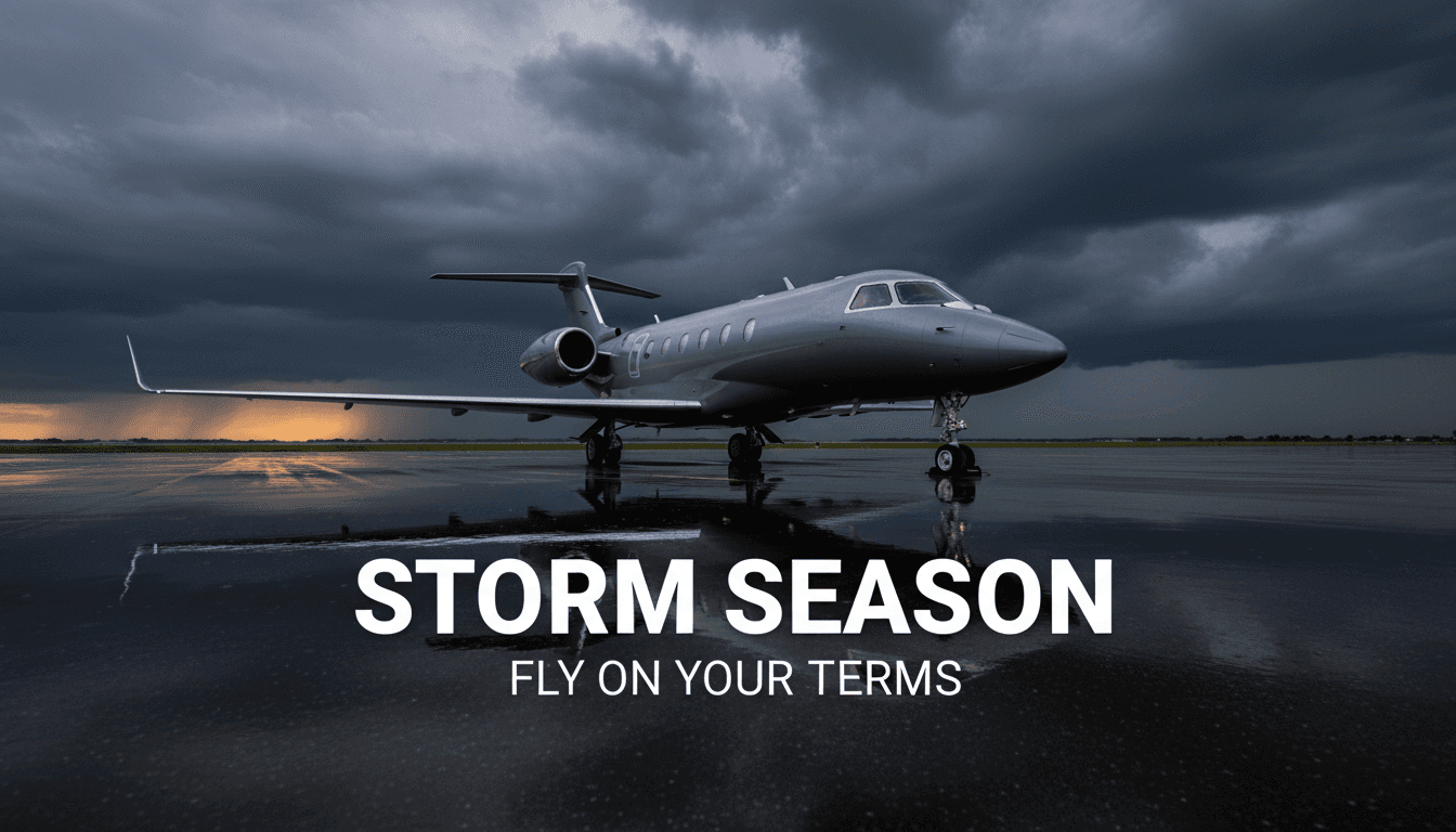 A private jet waiting on a rain-soaked apron as storm clouds gather — typhoon and monsoon season charter flying in Korea 2026