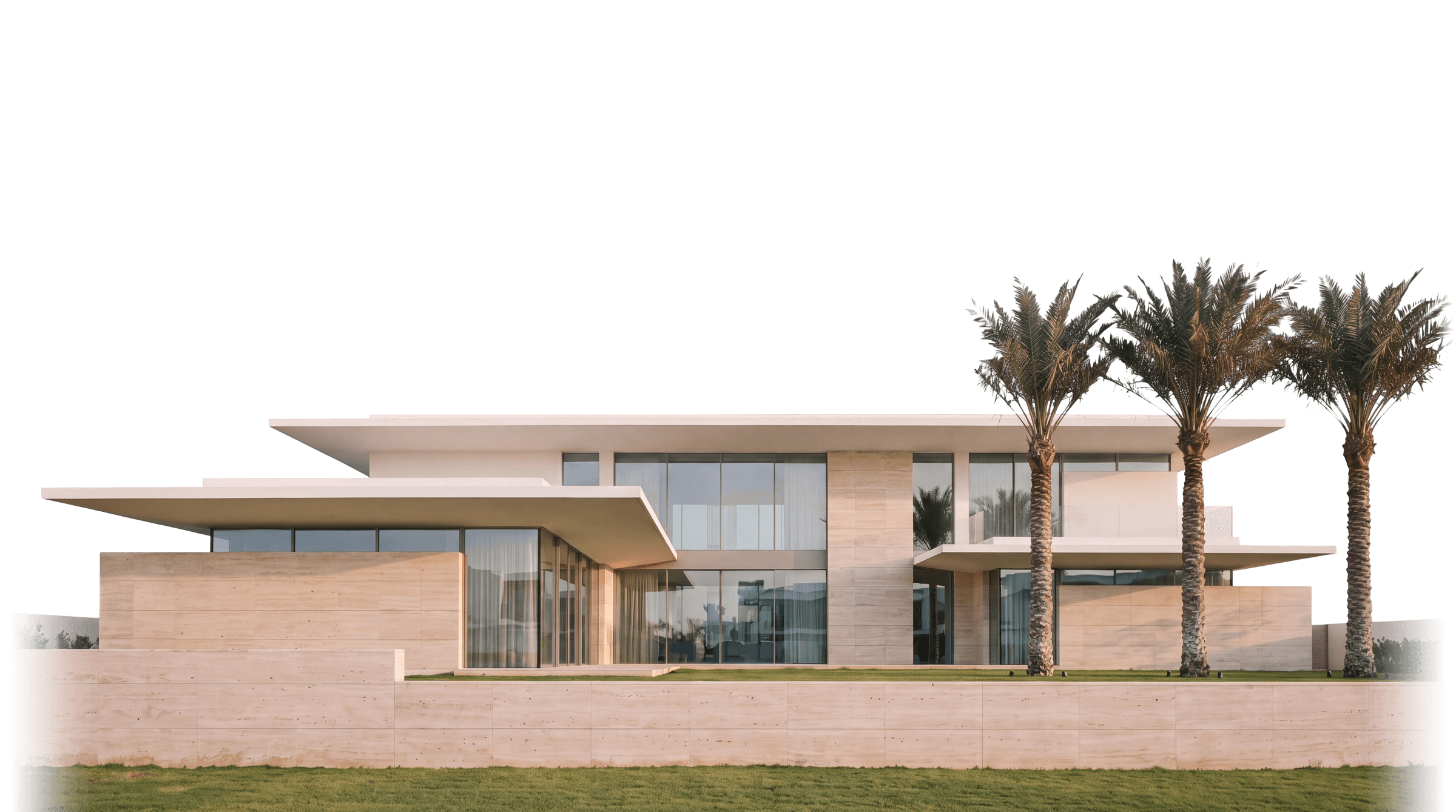 A contemporary travertine villa with three date palms