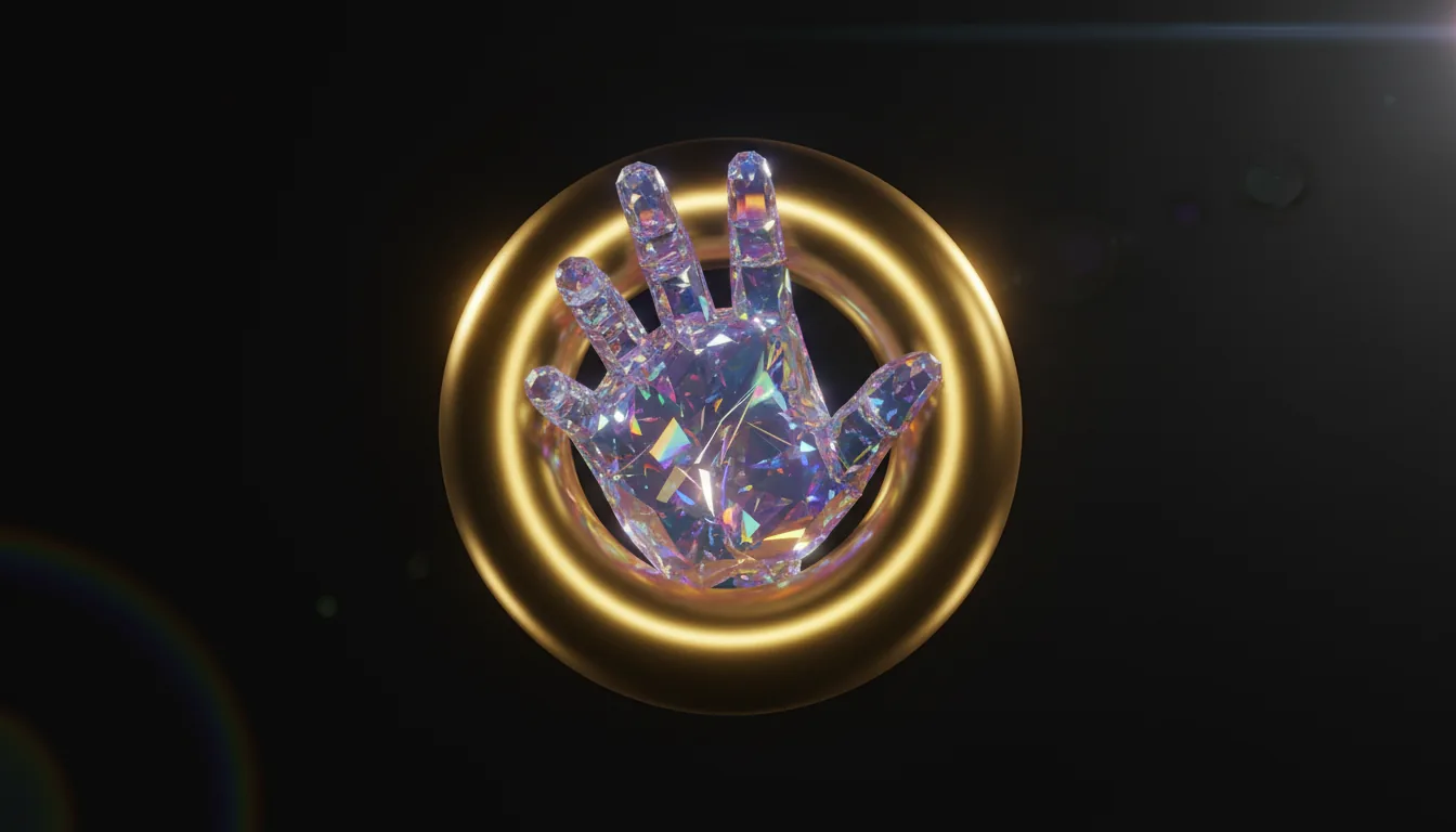 A high-detail 3D render, Blender style, of a human hand made of iridescent crystal with intense chromatic aberration and rainbow caustics, passing through a thick, polished gold torus. The scene is set against a pure black studio backdrop, with soft global illumination creating sharp, specular highlights on the reflective surfaces and a subtle cinematic lens flare.