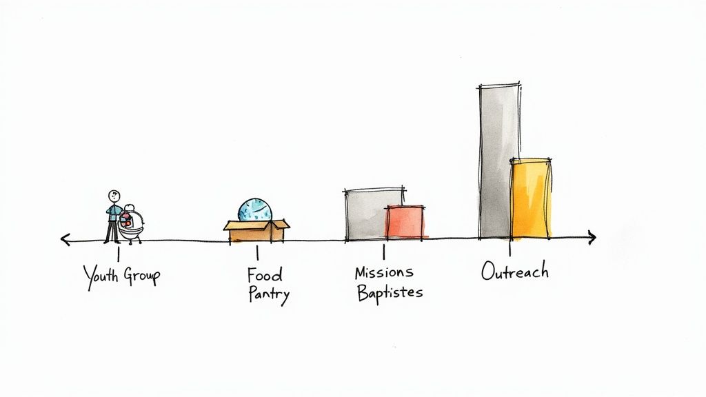Hand-drawn chart visualizing resource distribution across church activities: Youth Group, Food Pantry, Missions, and Outreach categories.