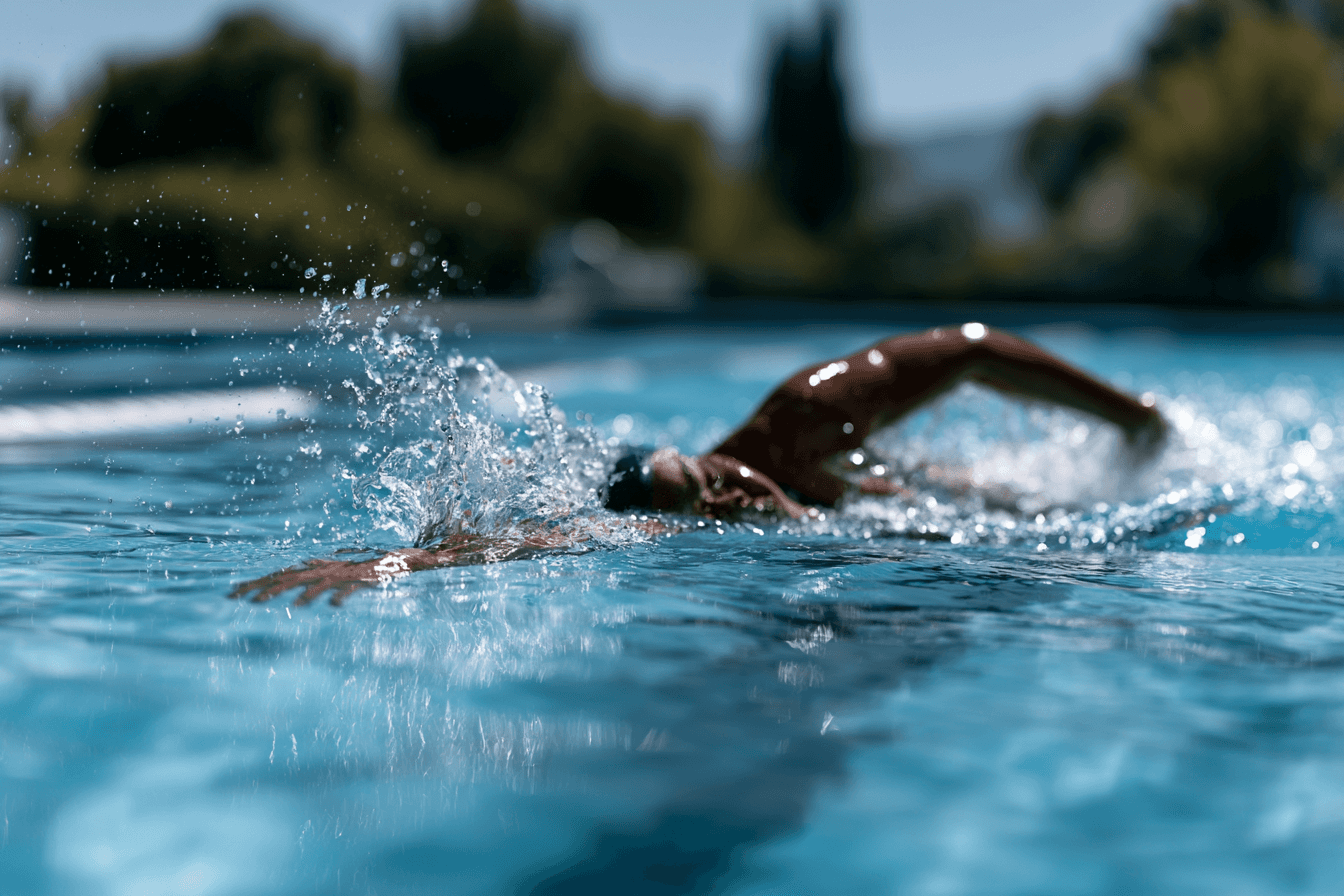 Single swimmer doing freestyle stroke in an outdoor pool, splash frozen in motion