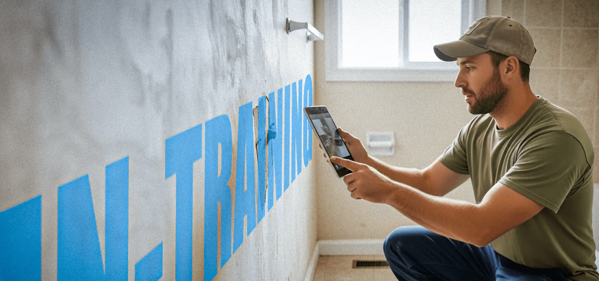 ein Restaurator, der Fotos von einer Wand macht