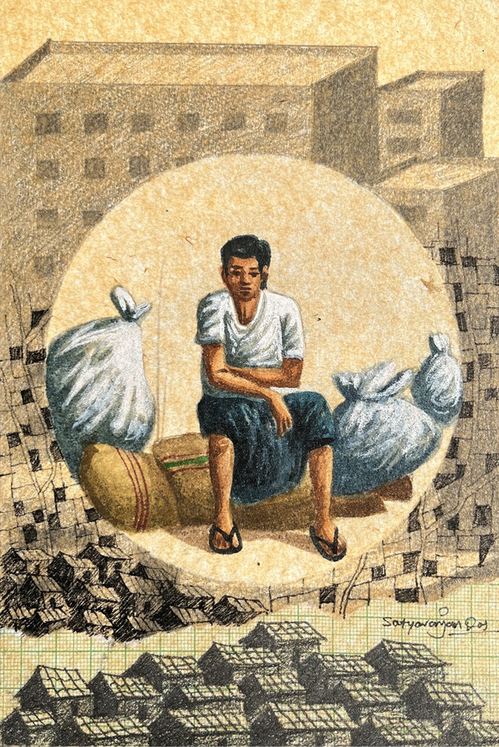 herd of sheep on road painting