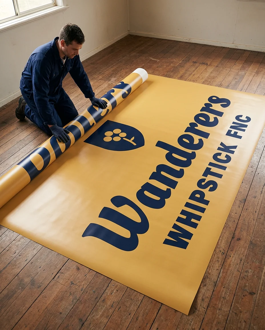Large Format Signage for Whipstick Wanderers FNC: Three-quarter view in country footy clubrooms of a 2400 x 1200 mm printed vinyl graphic unrolled across the timber floor, filling the frame