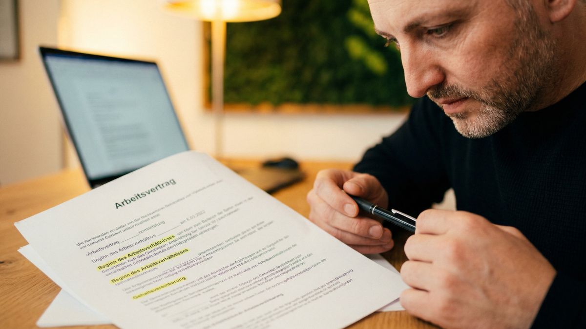 Arbeitsvertrag mit markierten Pflichtangaben nach dem Nachweisgesetz auf einem Schreibtisch