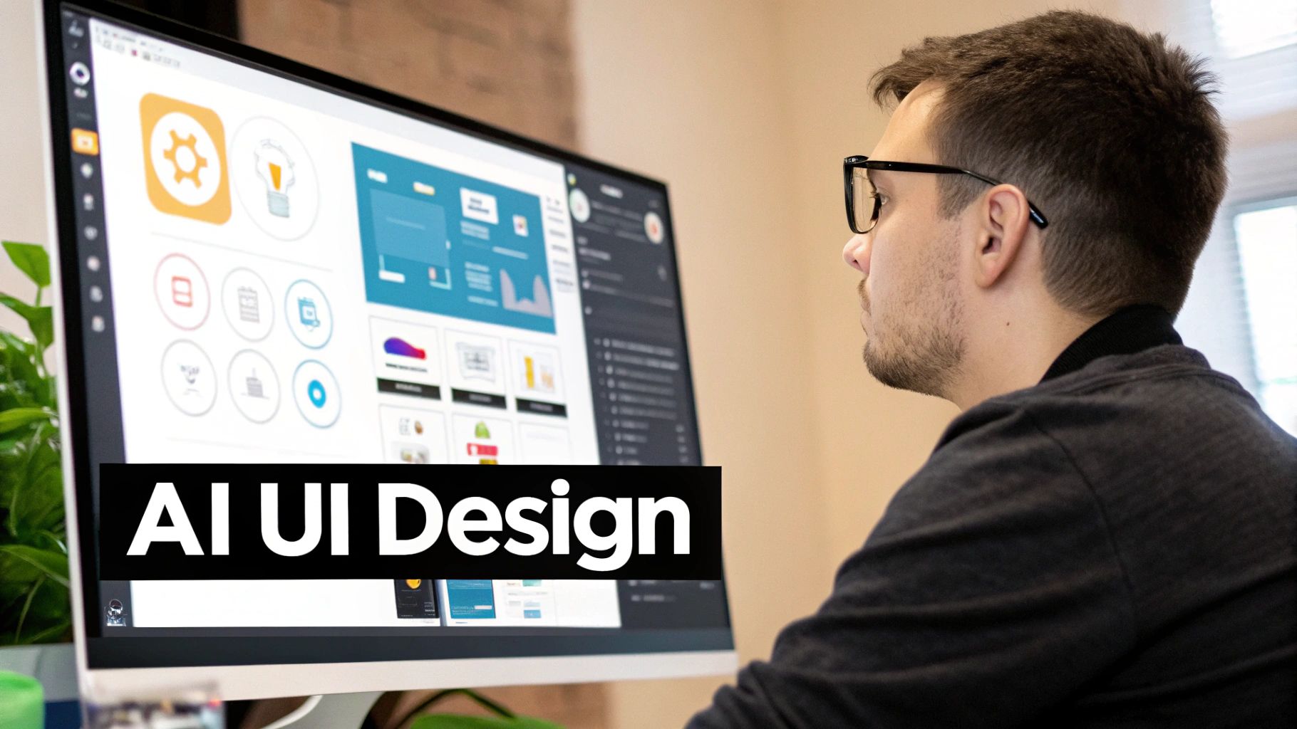 A person interacting with a futuristic, holographic user interface, representing AI-assisted design.