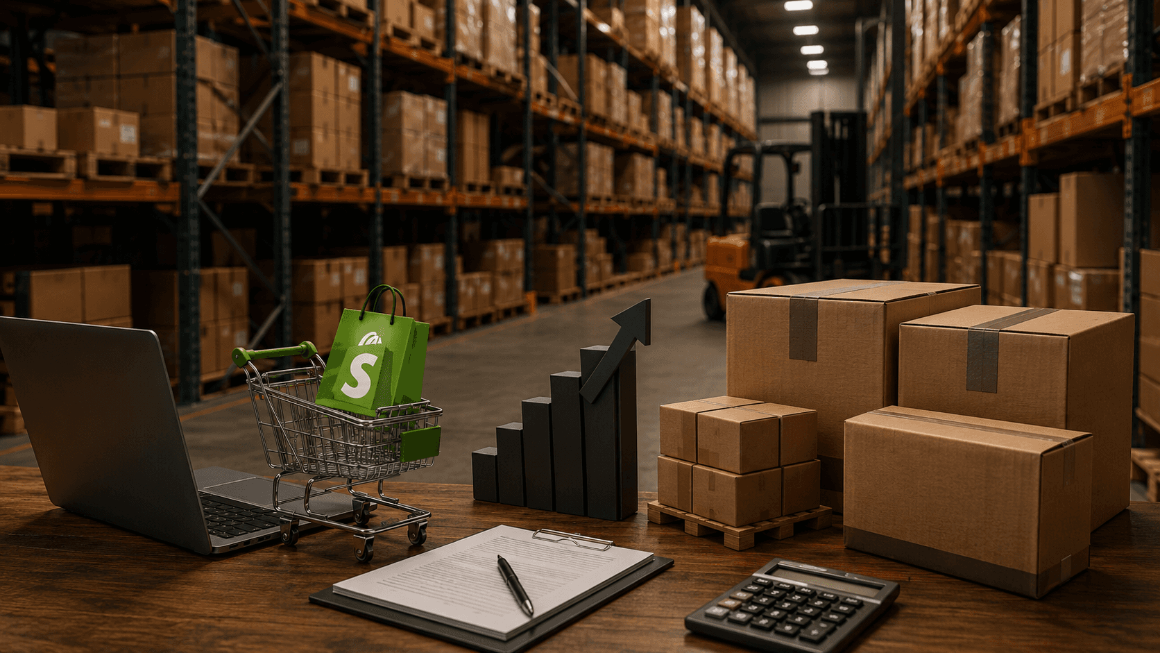 Ilustração realista em 3D de um centro de distribuição moderno. Em primeiro plano, uma mesa com notebook, calculadora, prancheta, caixas de papelão e um pequeno carrinho de compras contendo uma sacola verde representa o comércio eletrônico. Ao fundo, corredores de armazenagem com prateleiras cheias de caixas e uma empilhadeira reforçam o ambiente logístico. Um gráfico tridimensional em formato de seta ascendente simboliza crescimento e gestão comercial. A cena transmite a transição de uma operação de e-commerce para necessidades mais avançadas de distribuição B2B, sem pessoas e sem texto.