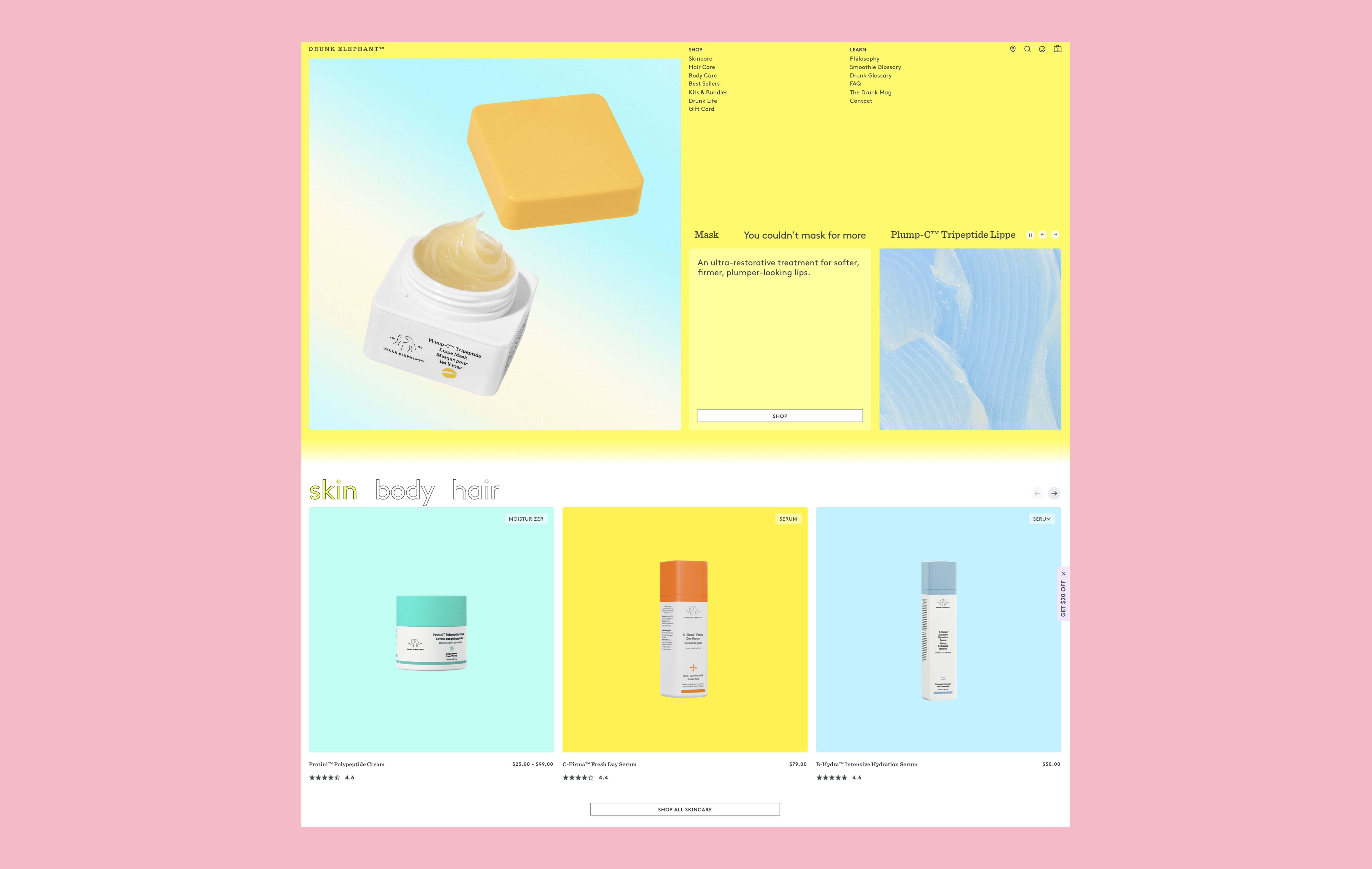 Hero copy and layout with Drunk Elephant’s quirky tone and style