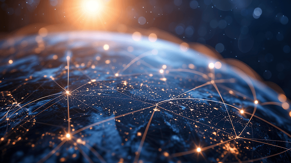 Earth surrounded by glowing network connections, set against a dark background, symbolizing global connectivity and technology.