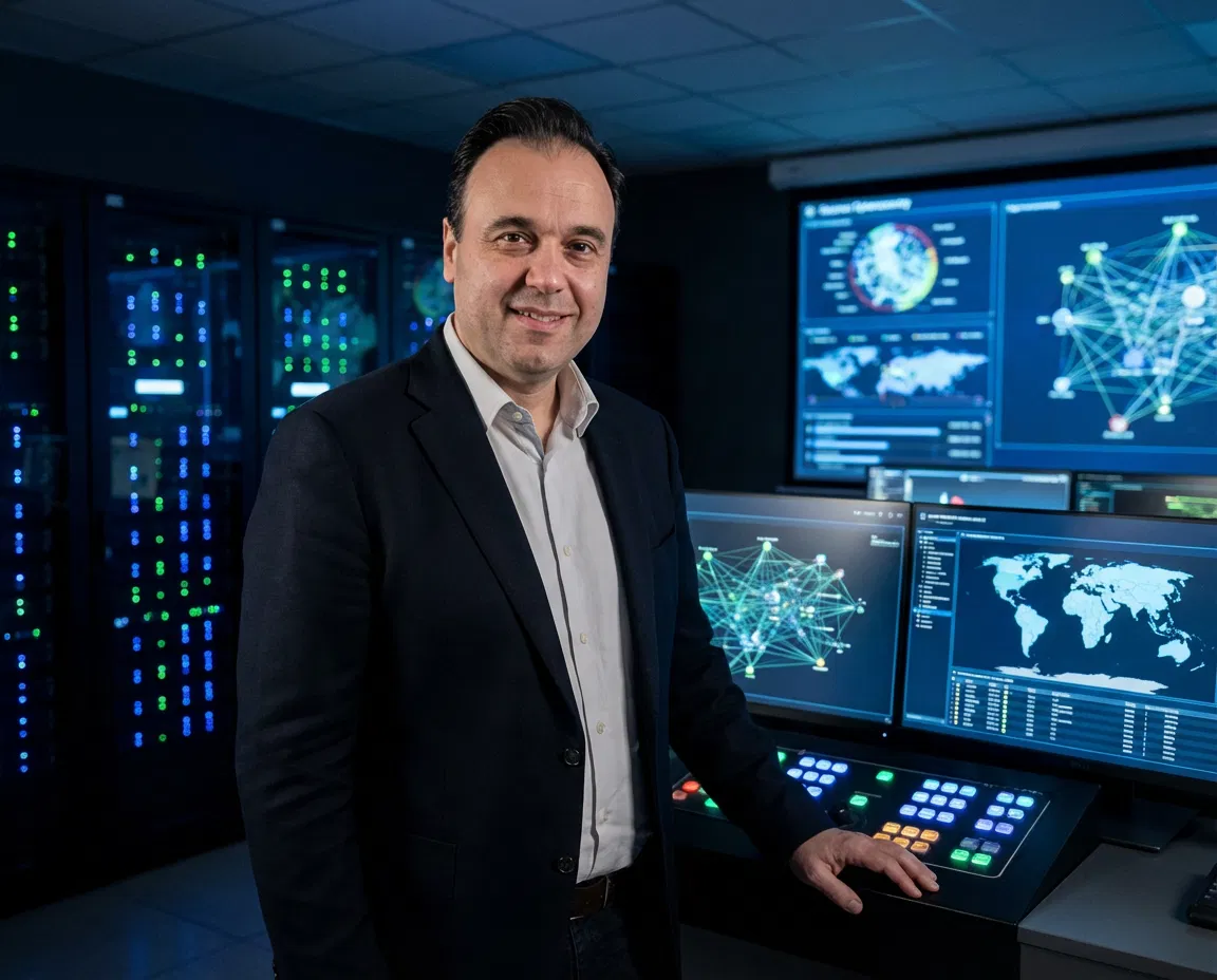 Portrait of Michalis Bletsas in a professional cybersecurity and telecommunications setting.
