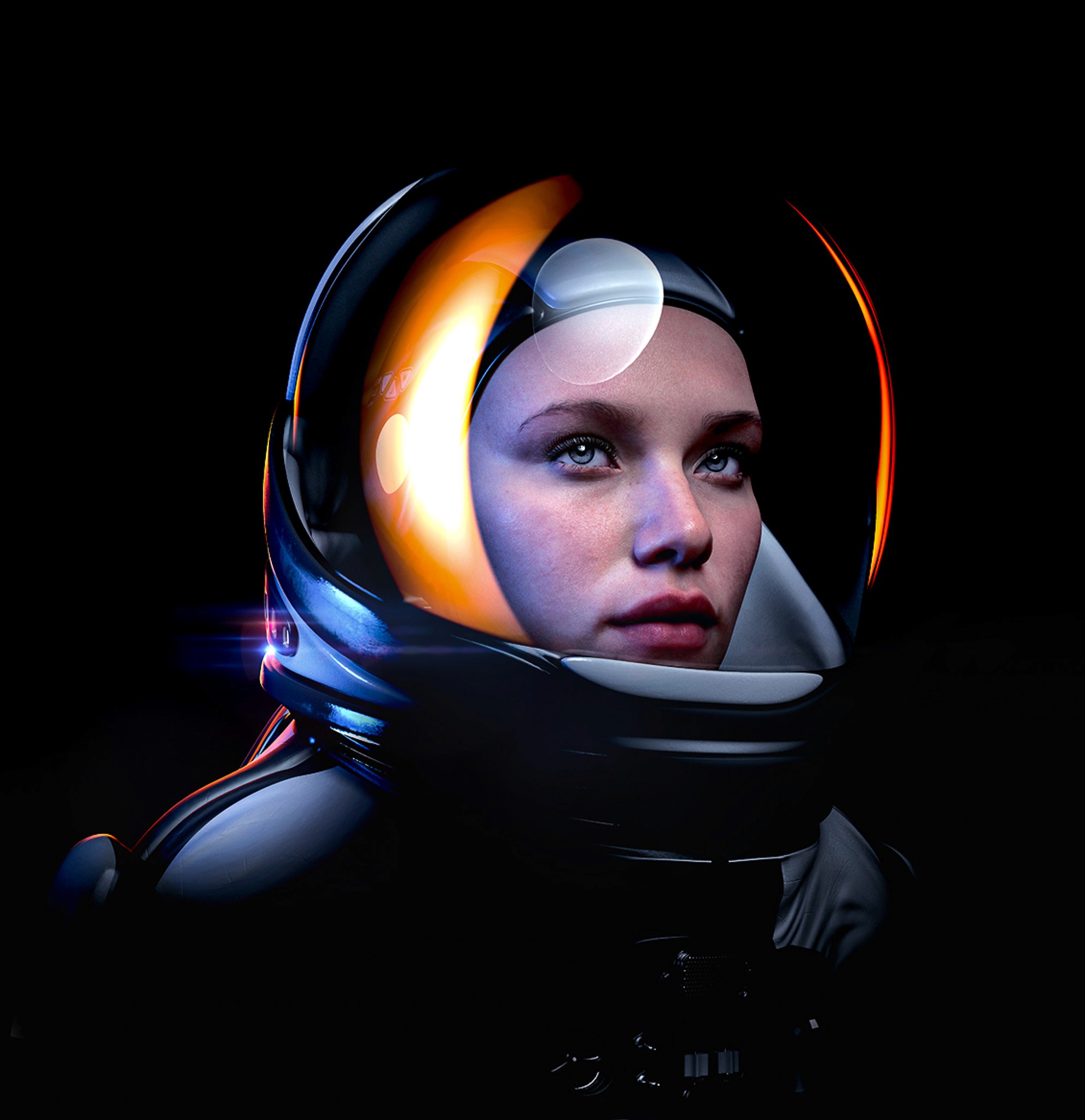 A person wearing a reflective space helmet gazes intently into the distance against a dark background, with vivid orange and white light highlighting the helmet's surface, evoking a sense of exploration and futurism.