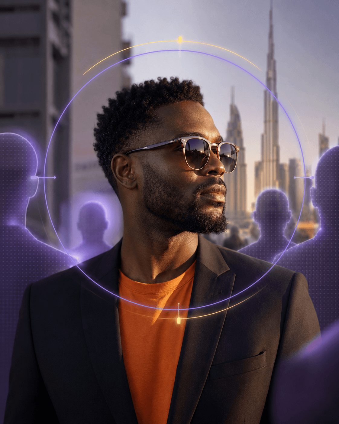 Side profile of Black man in orange shirt with motion-blur sunglasses effect.
