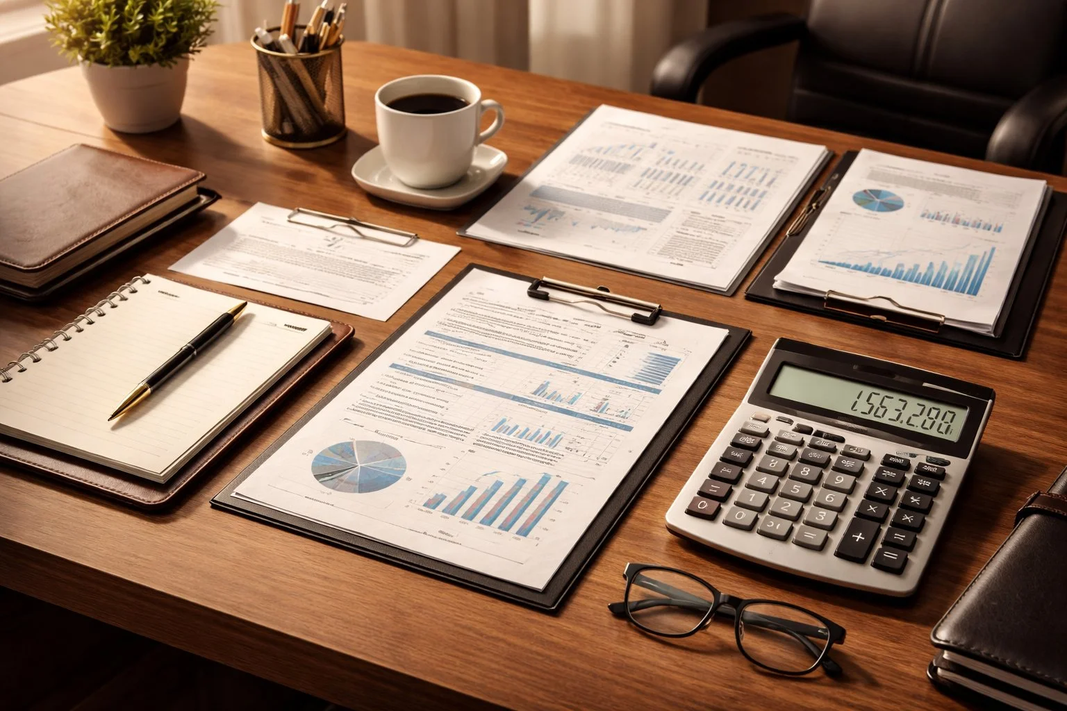 Calm professional accountant’s desk with neatly organized documents, spreadsheets, and a financial calculator.