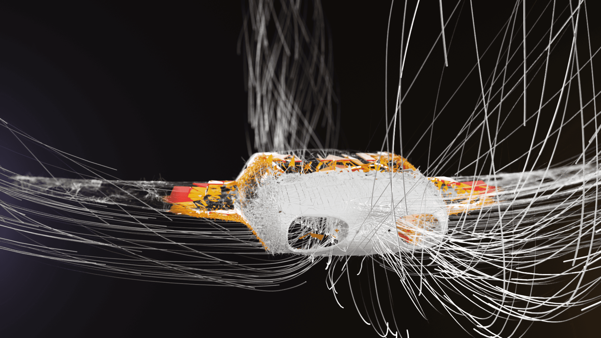 Computational fluid dynamics (CFD) analysis of a drone, highlighting airflow patterns and pressure distribution.