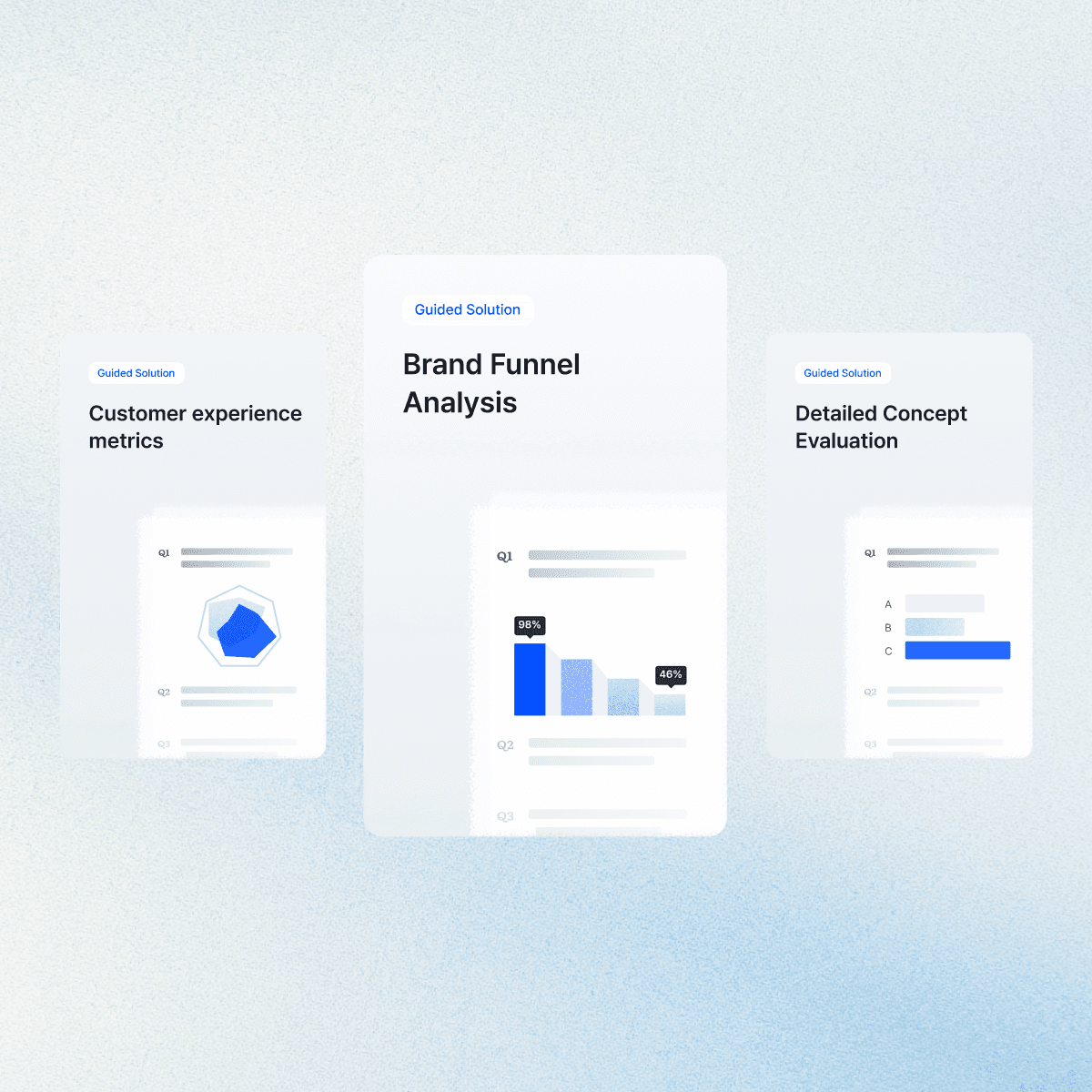 Three digital screens displaying data visualizations and analytics interfaces in a minimalistic design.