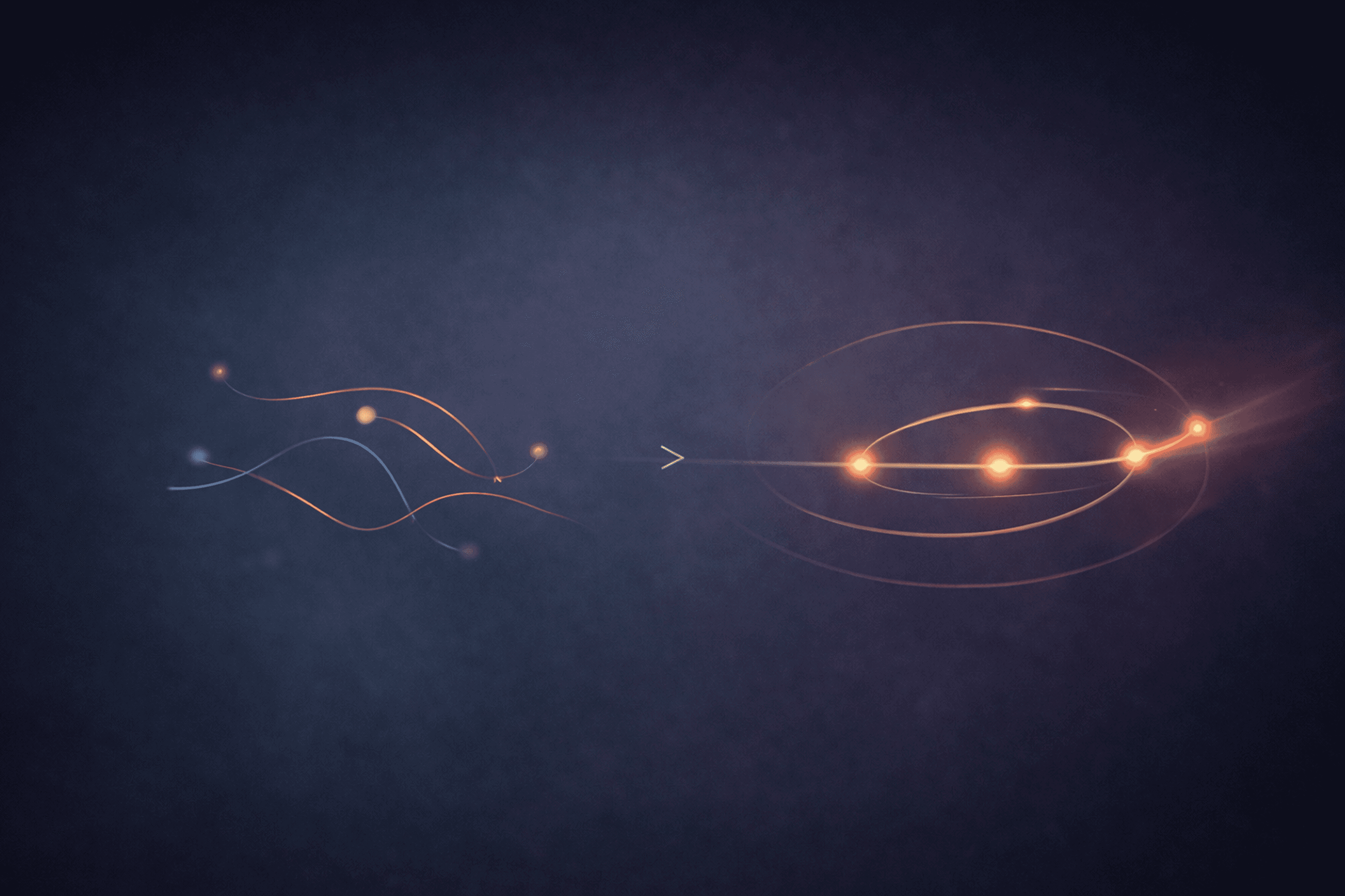 An abstract, space-like graphic on a dark misty gradient background: flowing blue and orange light trails on the left converge toward a “>” arrow in the center, leading to glowing orange orbit rings with bright nodes on the right.