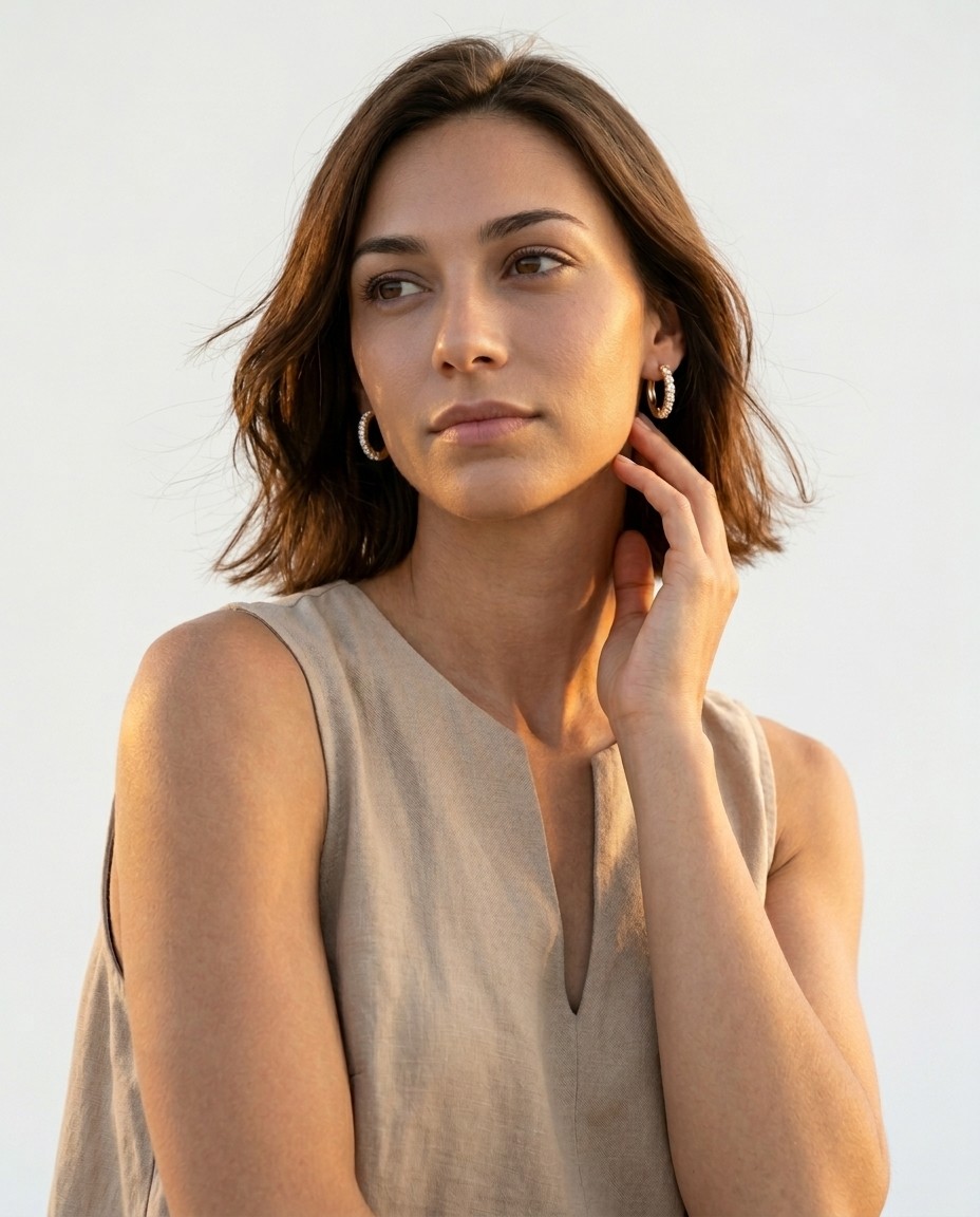 Elena Valenti AI model wearing gold hoop earring, soft natural light studio portrait, minimal elegant styling, Gemzy AI jewelry studio