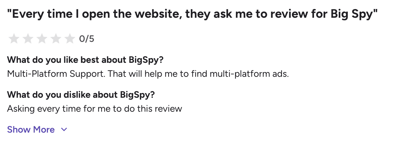 BigSpy review about repeated review requests