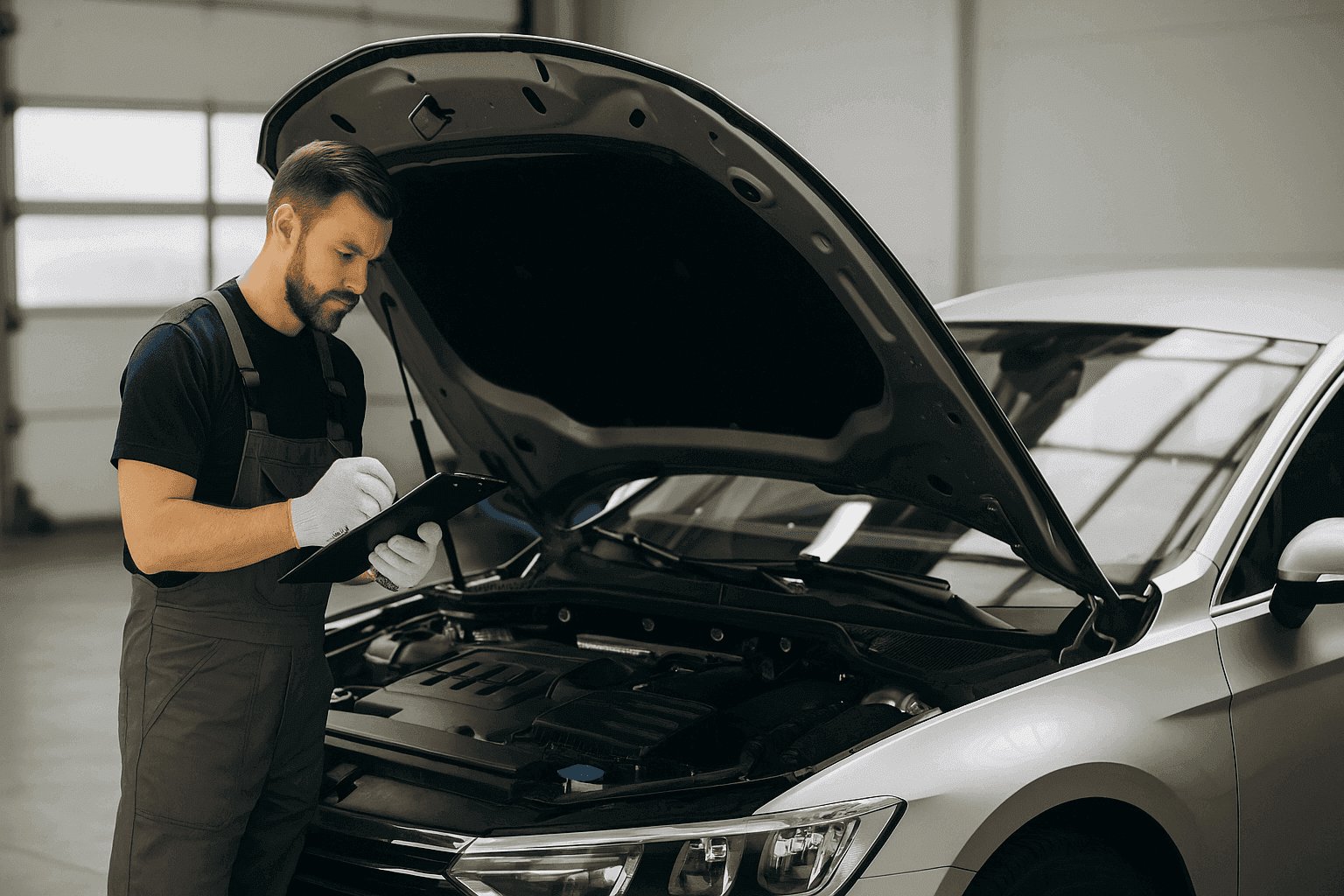 Mechanic inspecting car engine with clipboard in garage
