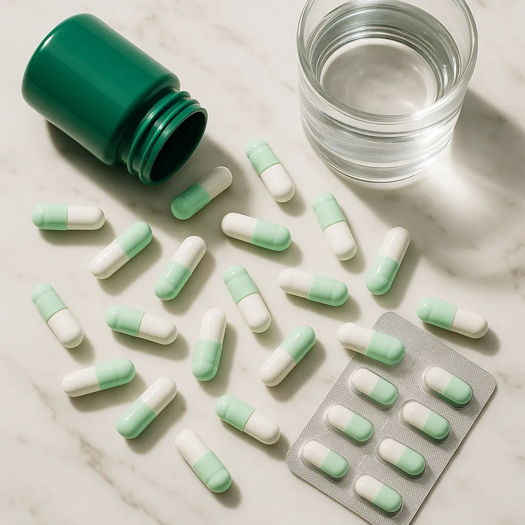 Vitamin D3 3d visualisation with capsules on the table