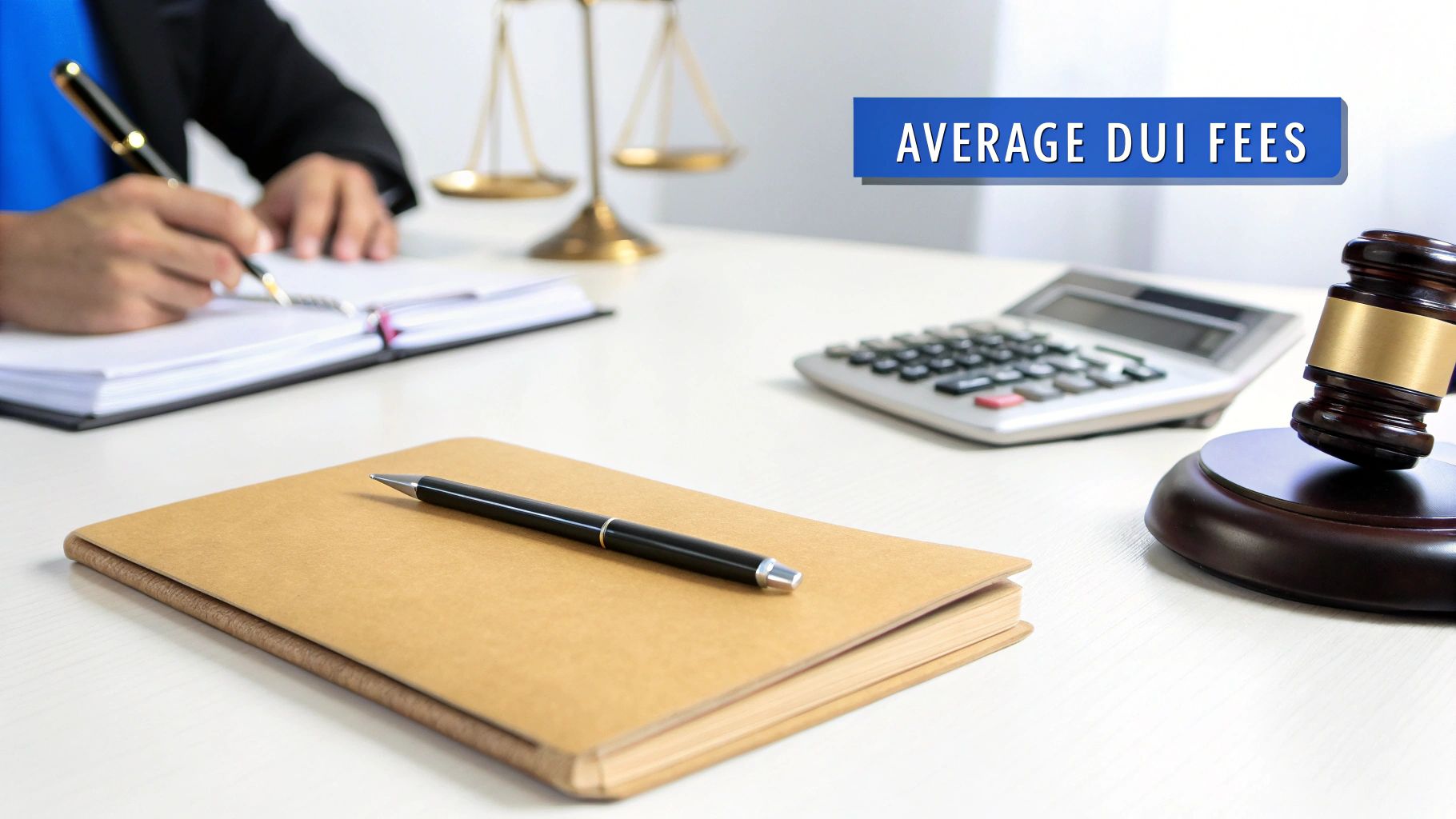 A person writing in a notebook on a desk with scales of justice, a calculator, and a gavel, related to average DUI fees.