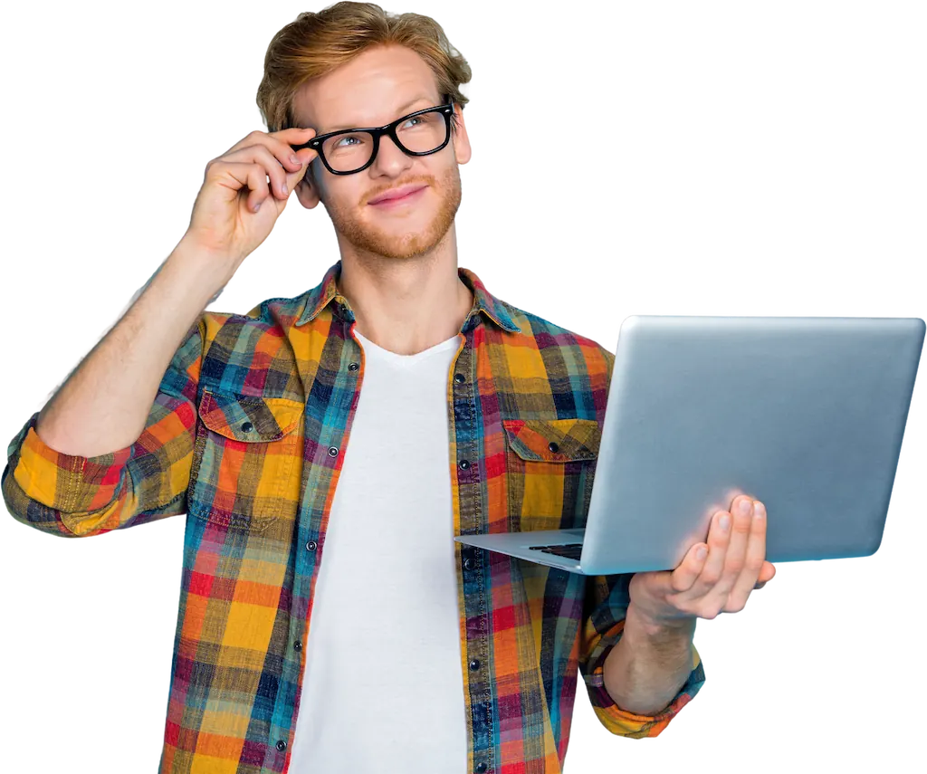 A man with glasses is holding a laptop, looking friendly and ready to assist or collaborate.