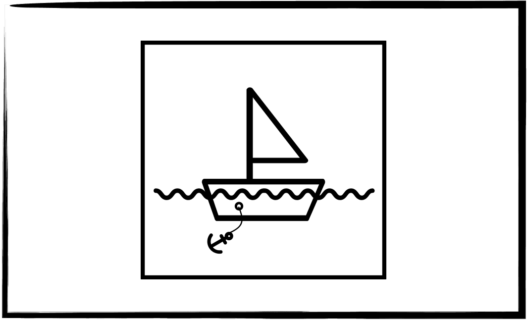 Sailboat drawing on a whiteboard with water waves and anchor for the sailboat kickoff workshop exercise
