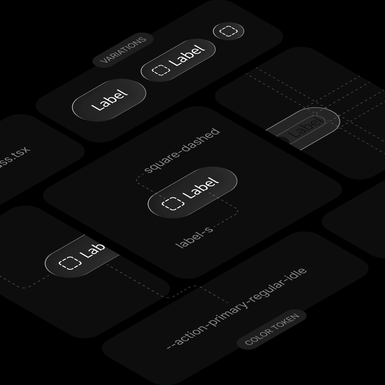 Schwarz-weiße Linienzeichnung mit mehreren rechteckigen Buttons, die jeweils das Wort 'Label' enthalten, verbunden durch gestrichelte Linien und mit Beschriftungen wie 'square-dashed' und '--action-primary-regular-idle'