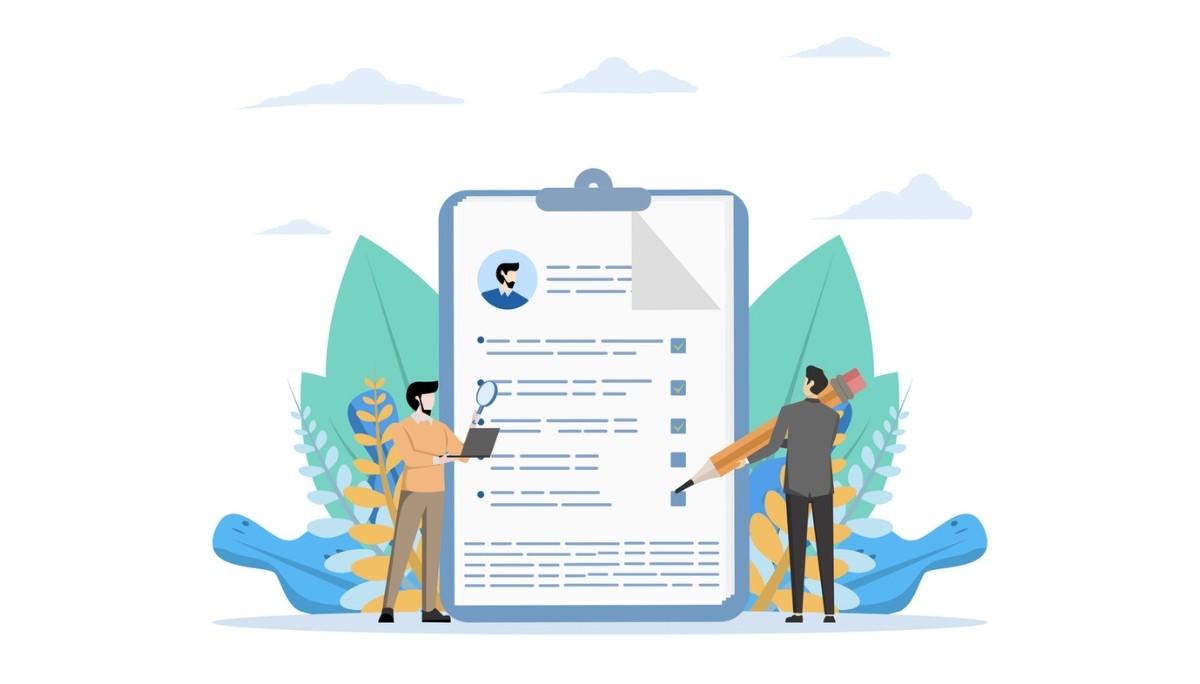 Illustration of two individuals reviewing and editing a large resume on a clipboard—representing the use of questionnaires versus interviews in preparing for effective candidate evaluation during the hiring process.