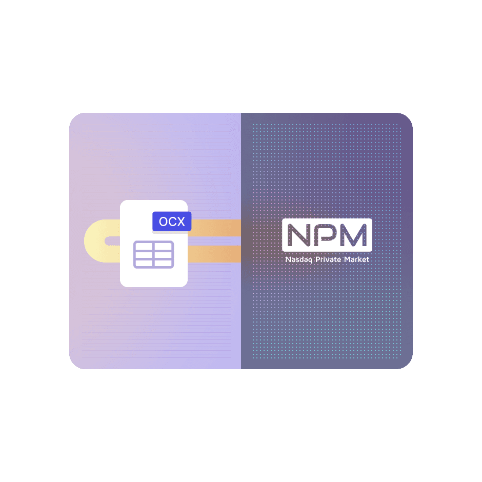 Split image. Left: A document icon labeled "OCX" with orange lines. Right: The "NPM Nasdaq Private Market" logo on a textured gray background.