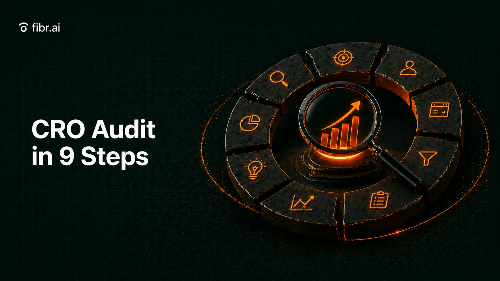 CRO audit visualization showing a structured optimization cycle with key analysis stages surrounding a central growth insight, highlighting a data-driven approach to improving conversion performance.