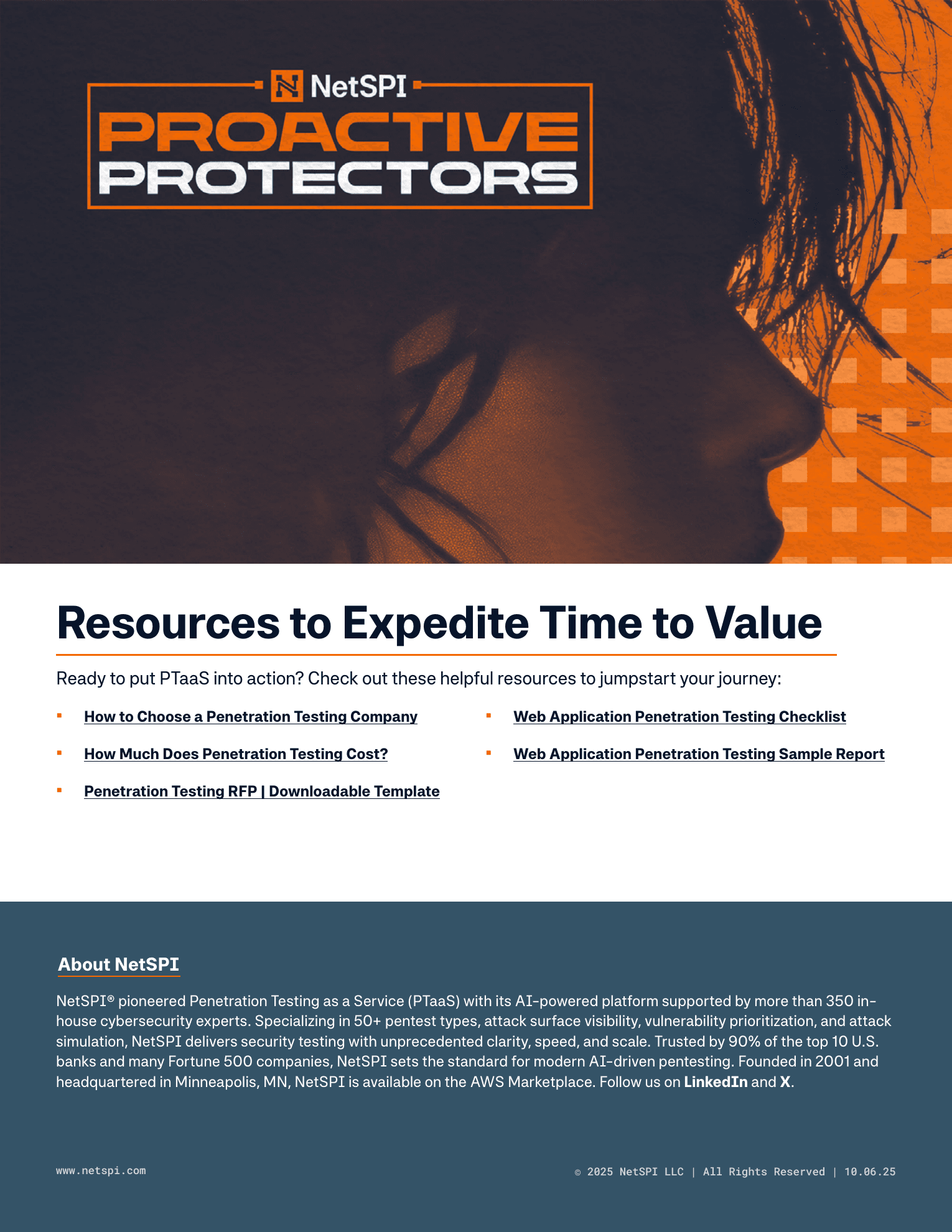 NetSPI official guide page stating its 350-plus in-house expert count and 50-plus pentest scope