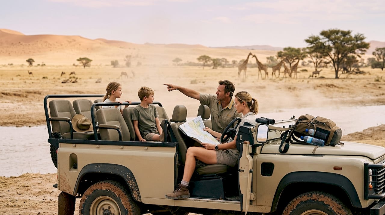 Family in safari vehicle near Etosha Namibia
