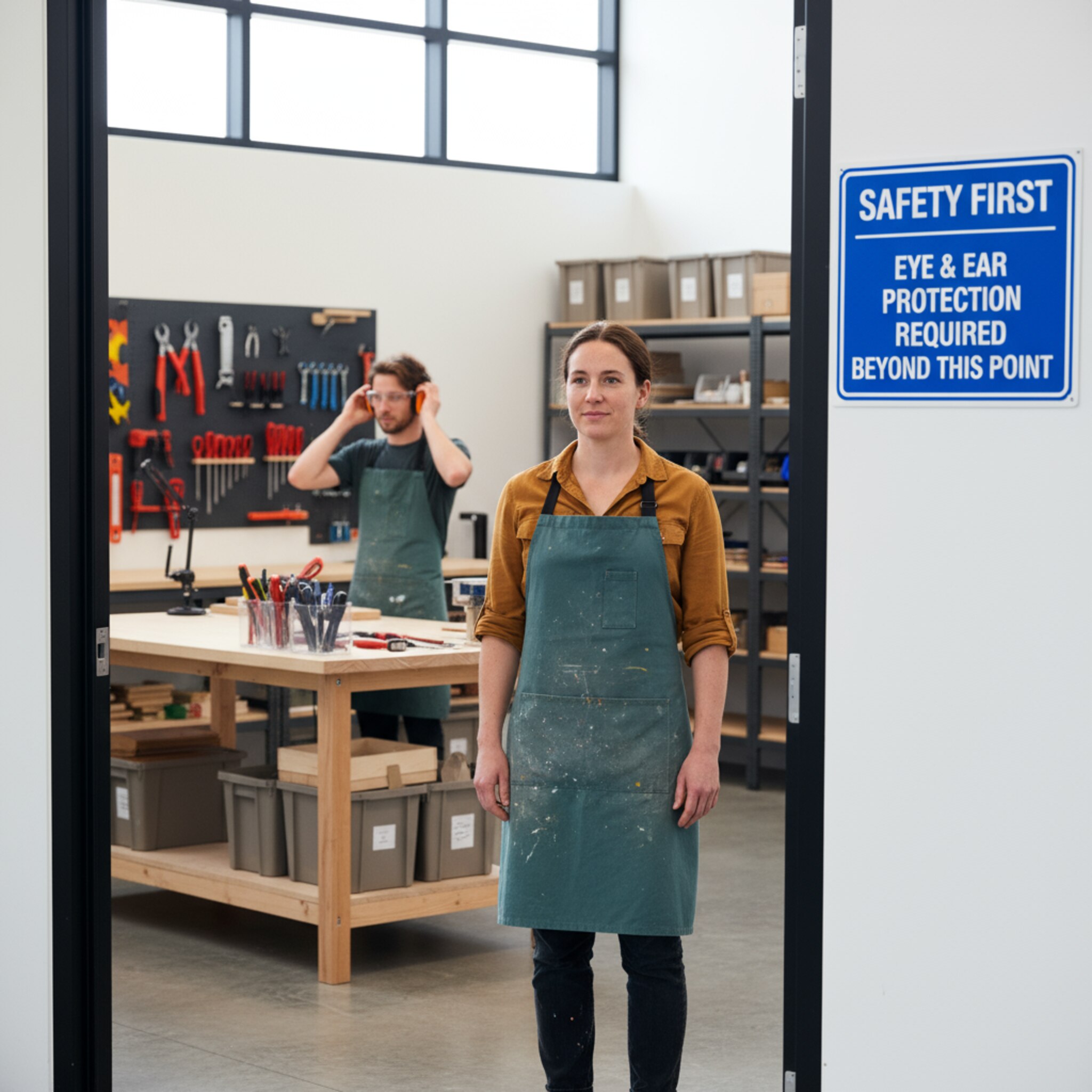 Am Eingang einer modernen Werkstatt hält eine Person kurz inne, während eine Kollegin im Hintergrund Schutzausrüstung anlegt. Das Licht ist weich, der Raum klar strukturiert. Ein Moment vor dem Start, in dem Regeln und Sicherheit selbstverständlich wirken.