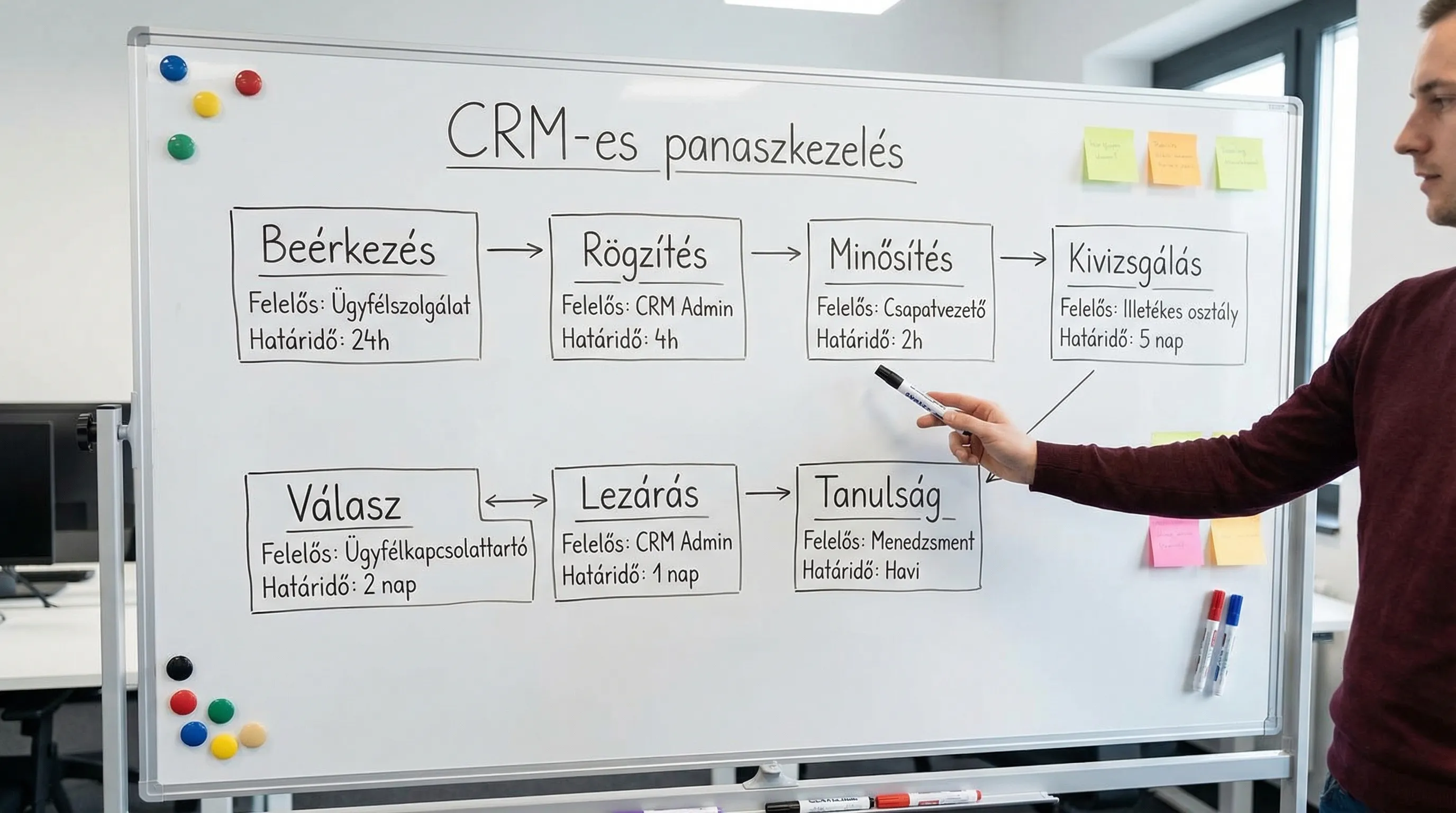 Egyszerű folyamatábra a CRM-es panaszkezeléshez: beérkezés, rögzítés, minősítés, kivizsgálás, válasz, lezárás, tanulság; minden lépésnél felelős és határidő jelölve.