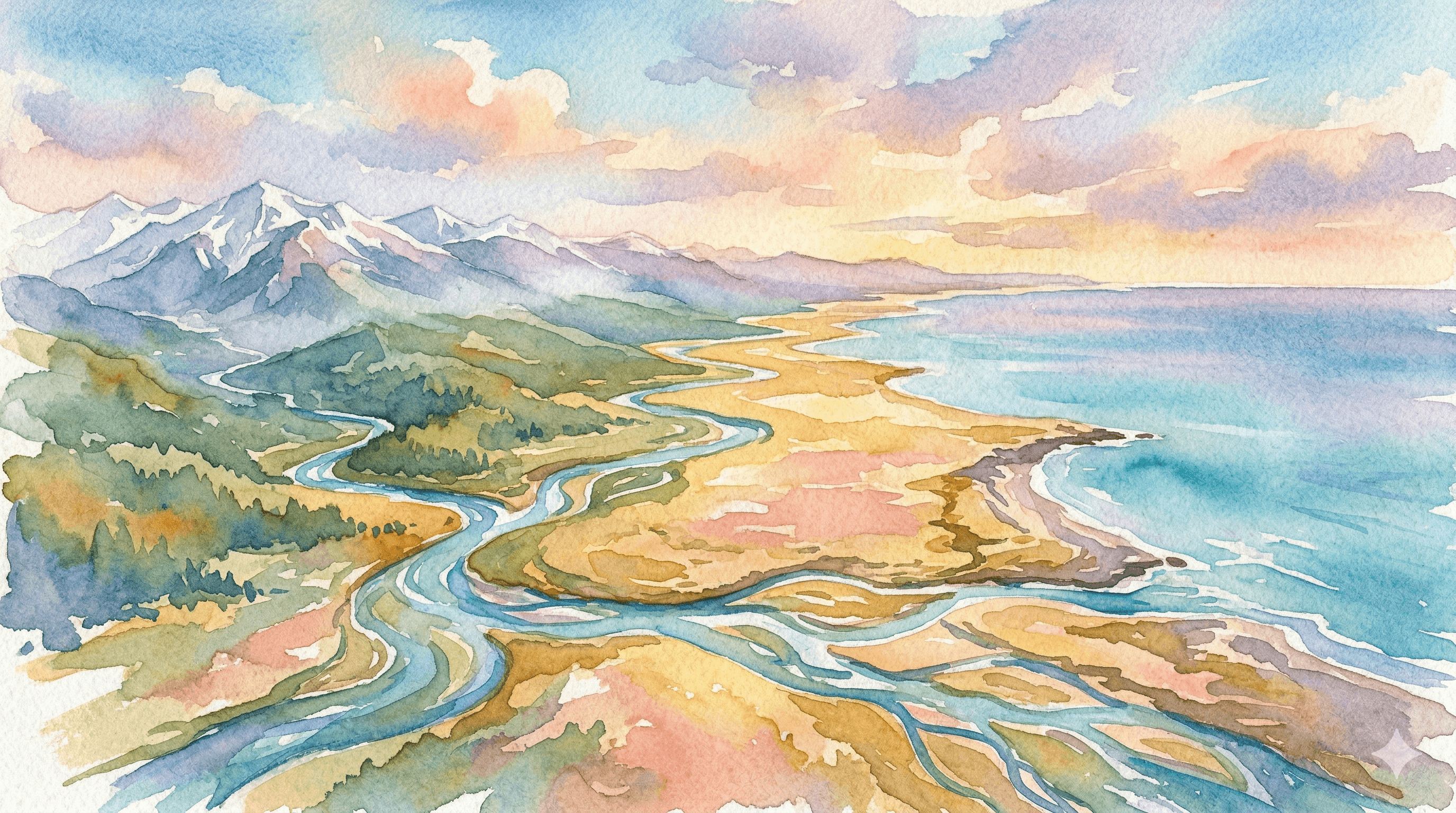 Watercolor aerial view of a river flowing from mountains through plains to the sea