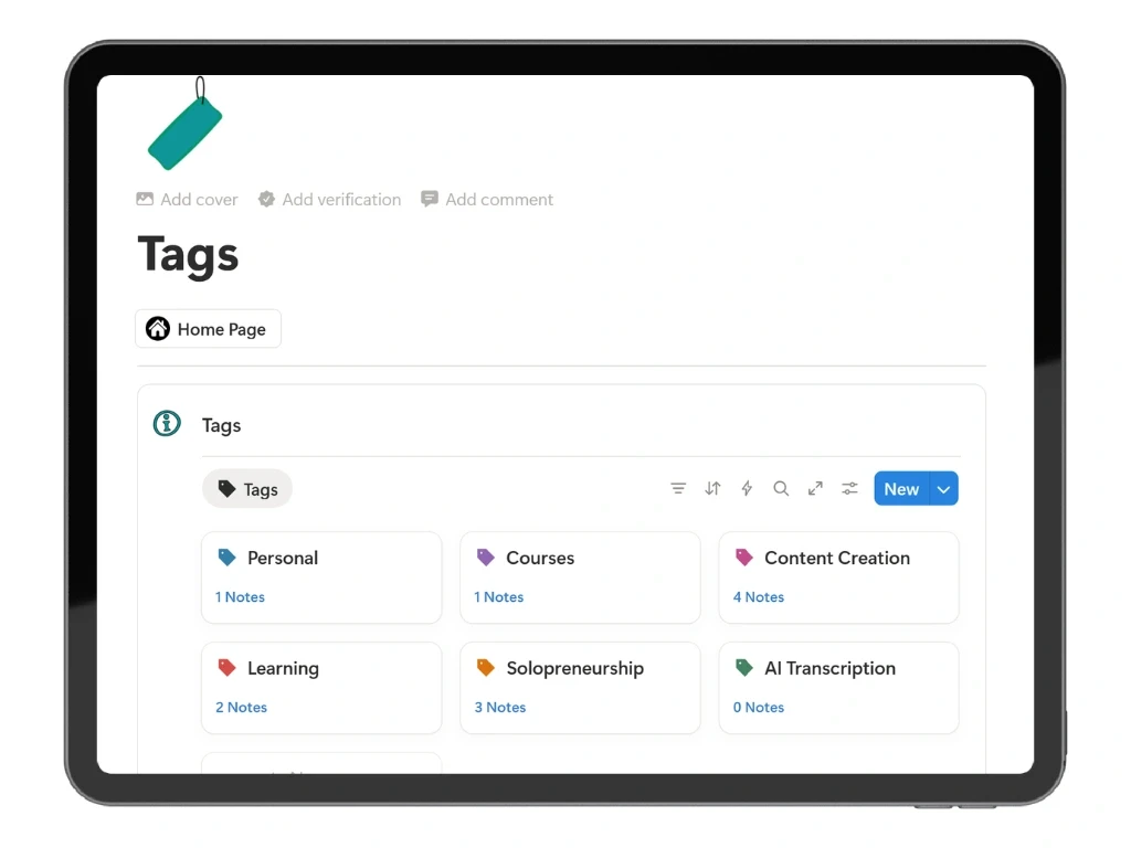 Tag management interface in Outline Notes featuring color-coded tags such as Personal, Courses, Solopreneurship, Content Creation, and Learning